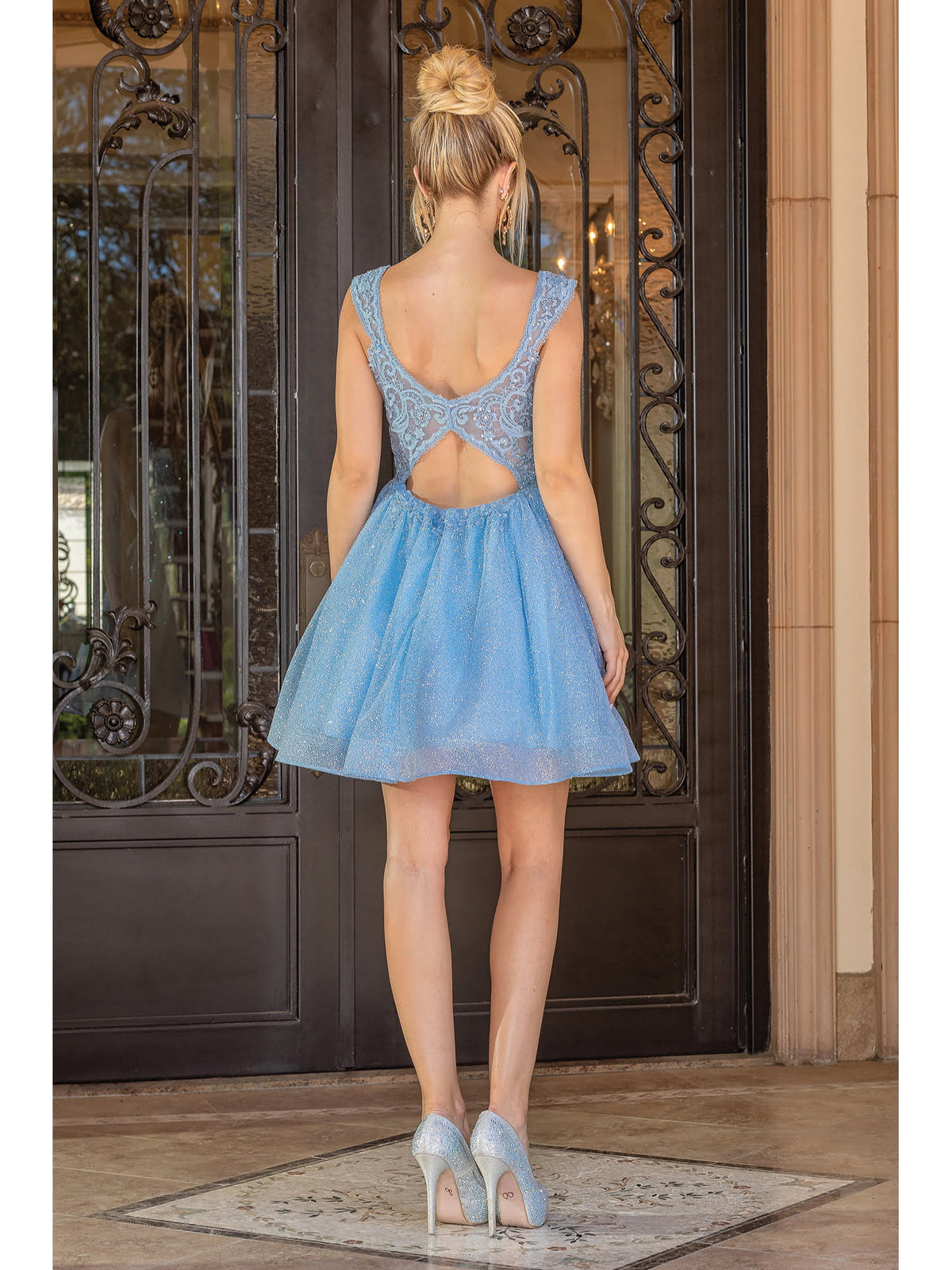 Dancing Queen 3276 homecoming dress in bahama blue, back view