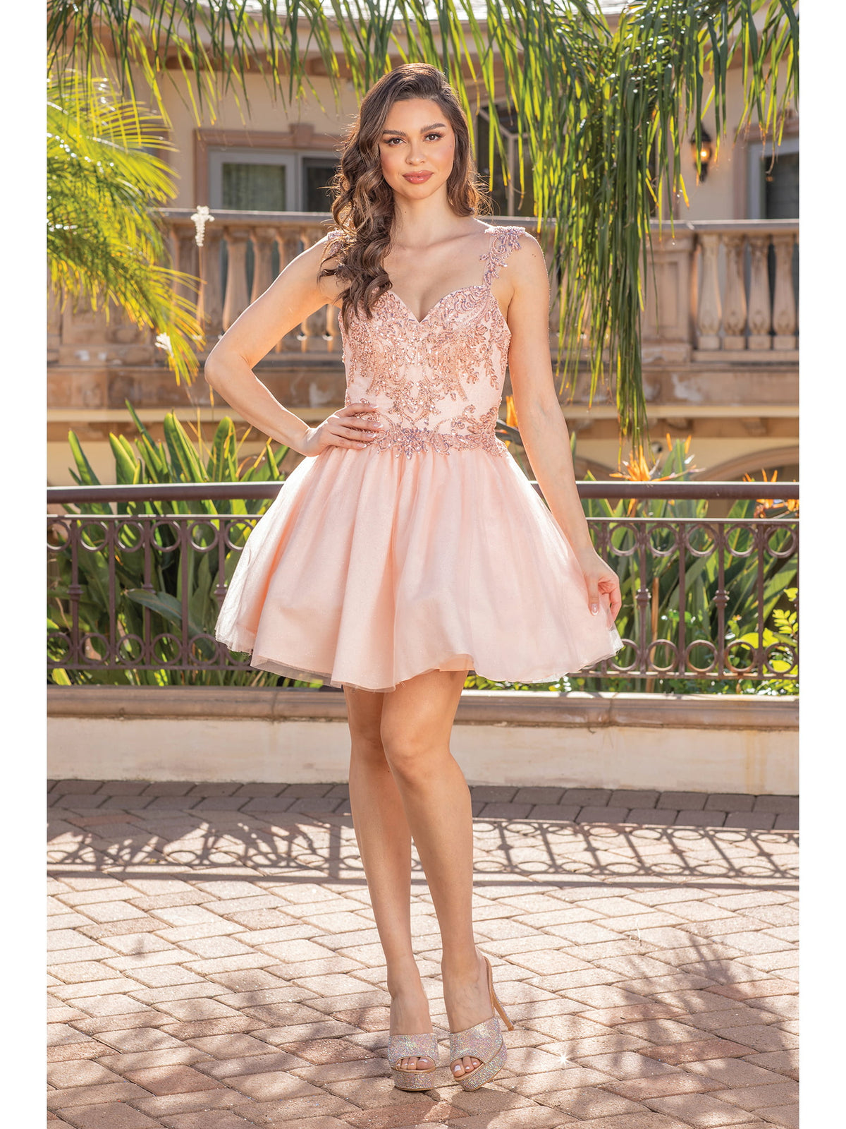 Dancing Queen 3287 homecoming dress in blush, front view