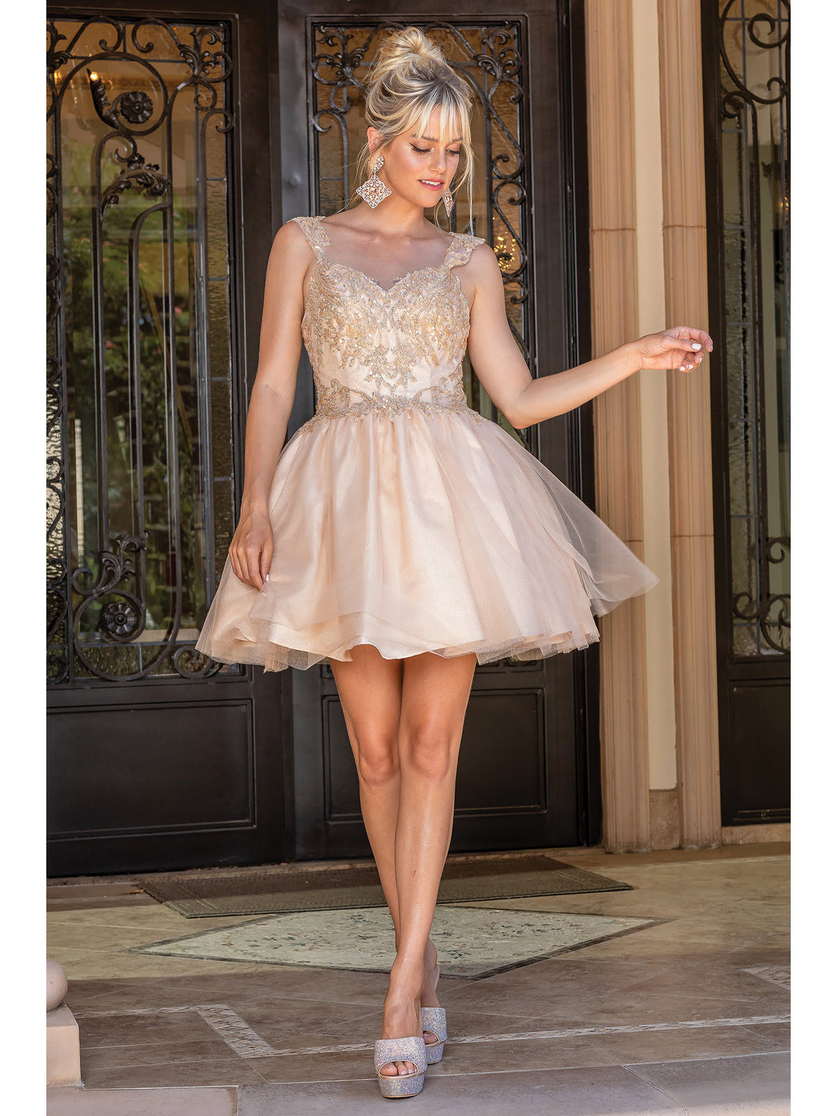 Dancing Queen 3287 homecoming dress in champagne, front view