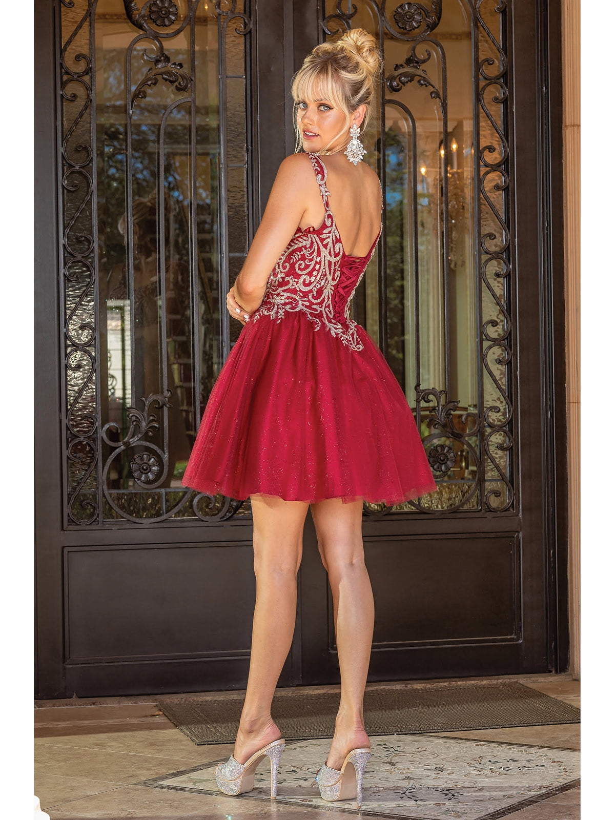 Dancing Queen 3295 homecoming dress in burgundy, back view