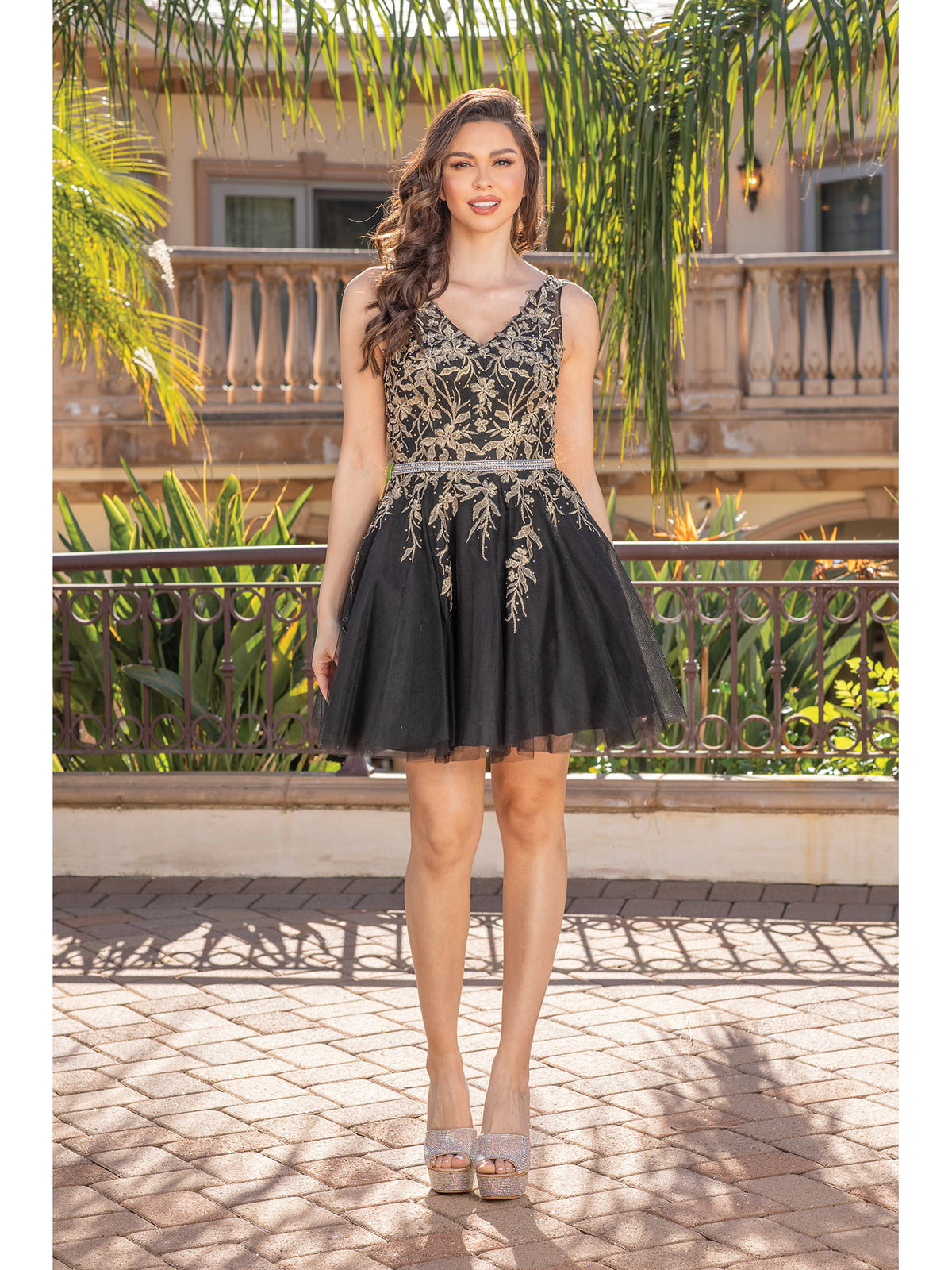 Dancing Queen 3296 homecoming dress in black/gold, front view