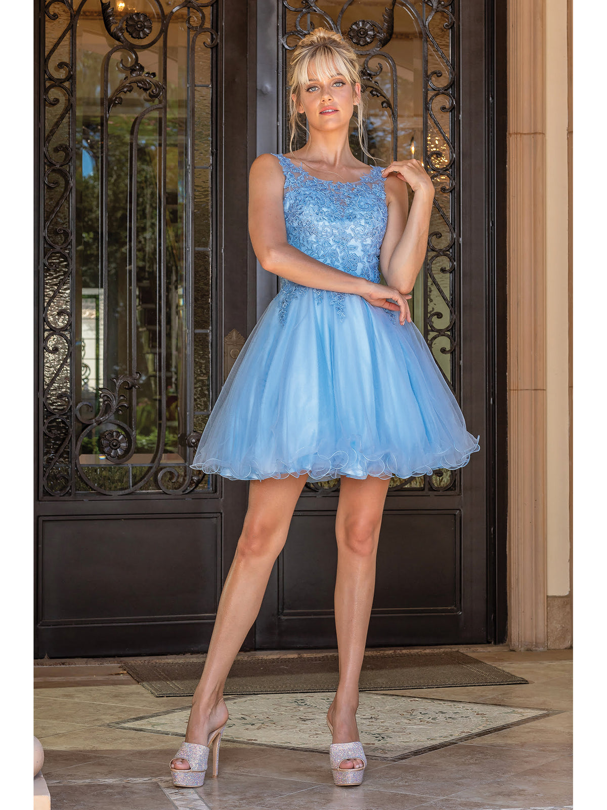 Dancing Queen 3304 homecoming dress in bahama blue, front view