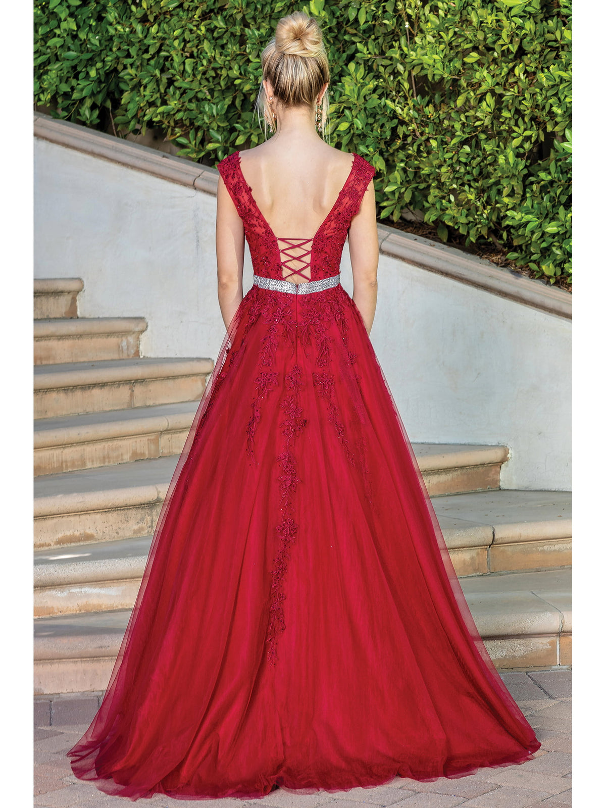 Dancing Queen 4245 prom dress in burgundy, back view