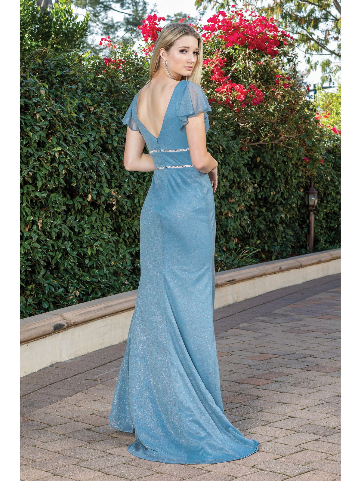 Dancing Queen 4279A prom dress in dusty blue, back view