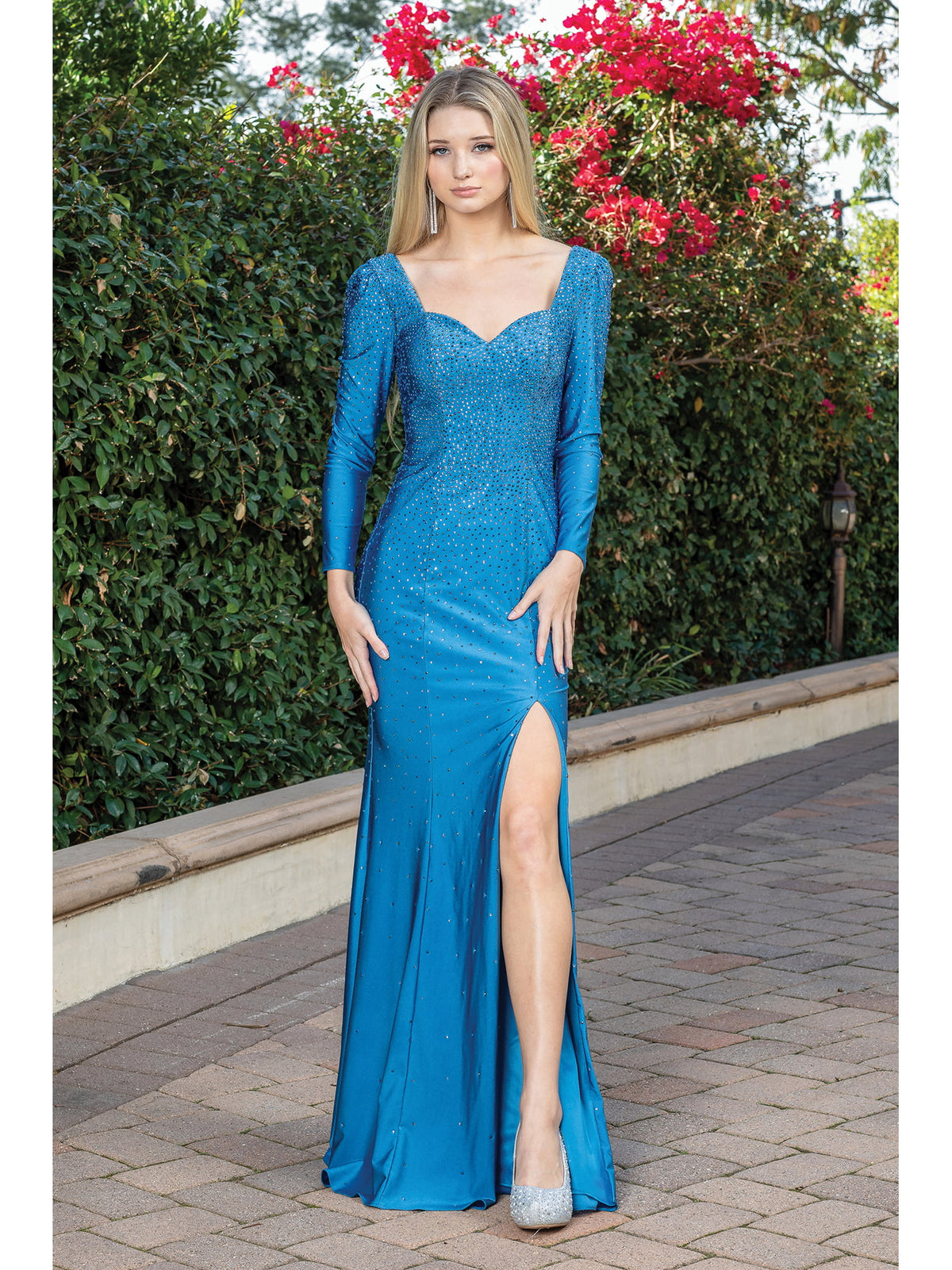 Dancing Queen 4295A prom dress in dusty blue, front view