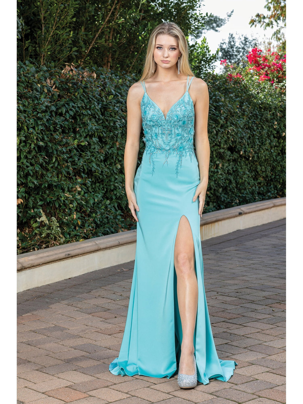Dancing Queen 4319 prom dress in aqua, front view
