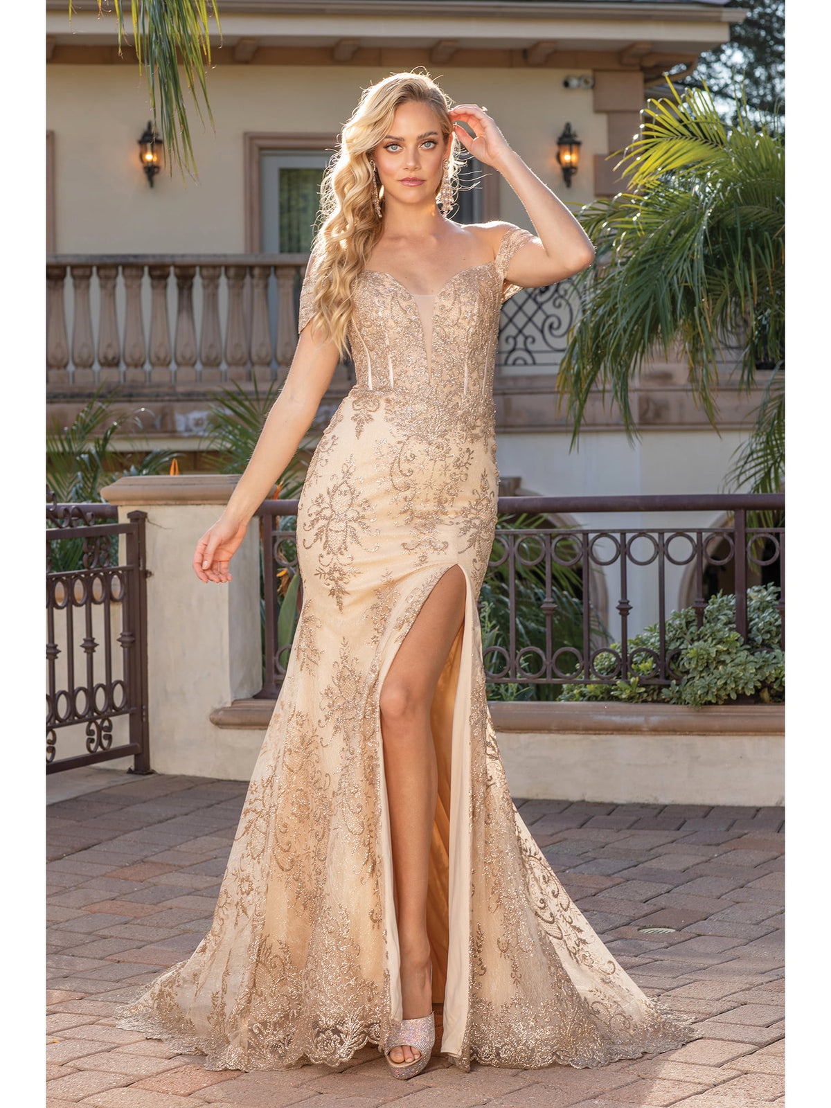 Dancing Queen 4332 prom dress in gold, front view