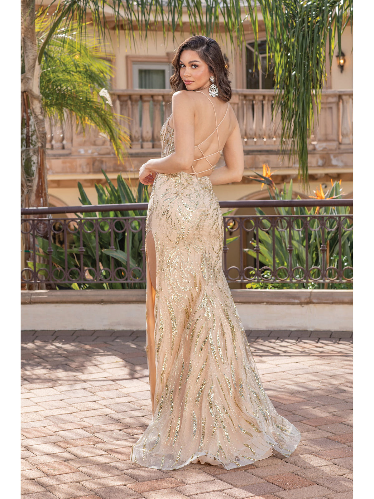 Dancing Queen 4334 prom dress in gold, back view