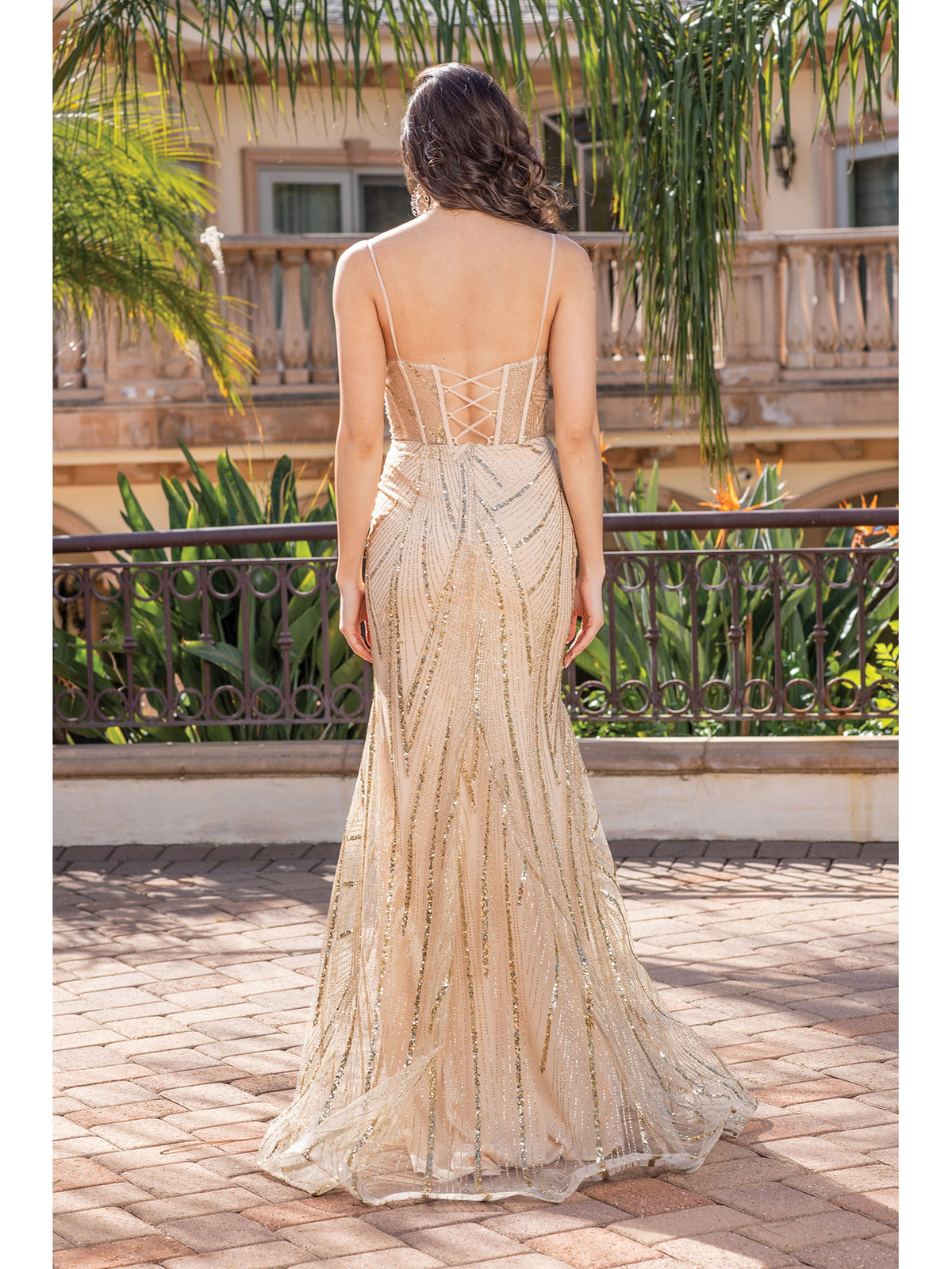 Dancing Queen 4340 prom dress in gold, back view