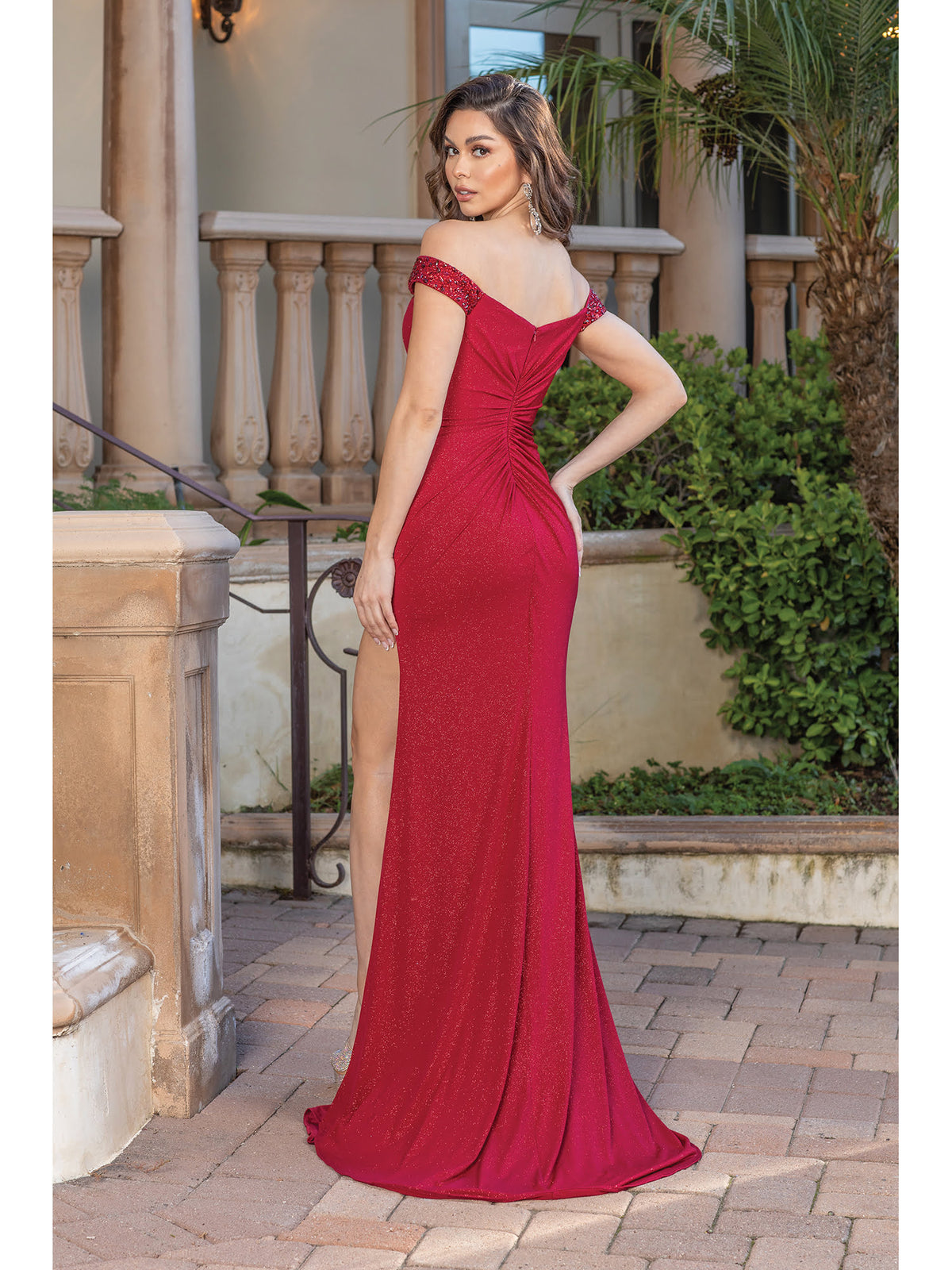 Dancing Queen 4345 prom dress in burgundy, back view