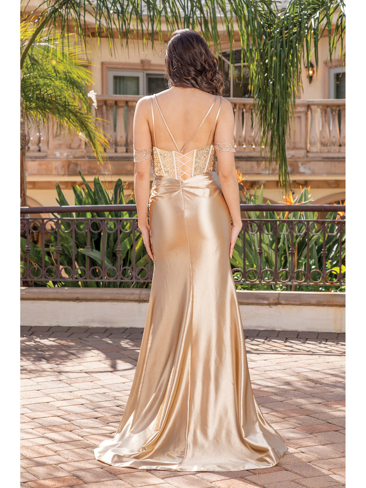 Dancing Queen 4356 prom dress in gold, back view