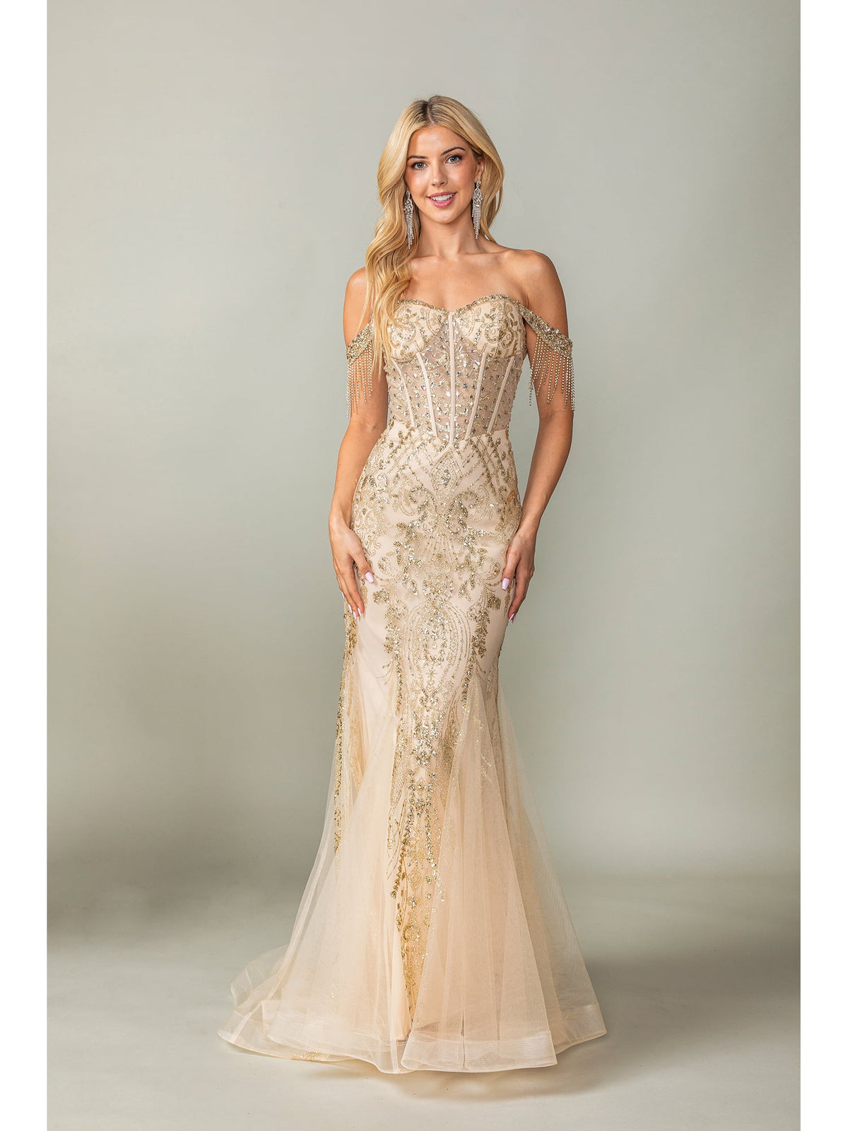 Dancing Queen 4365 prom dress in gold, front view