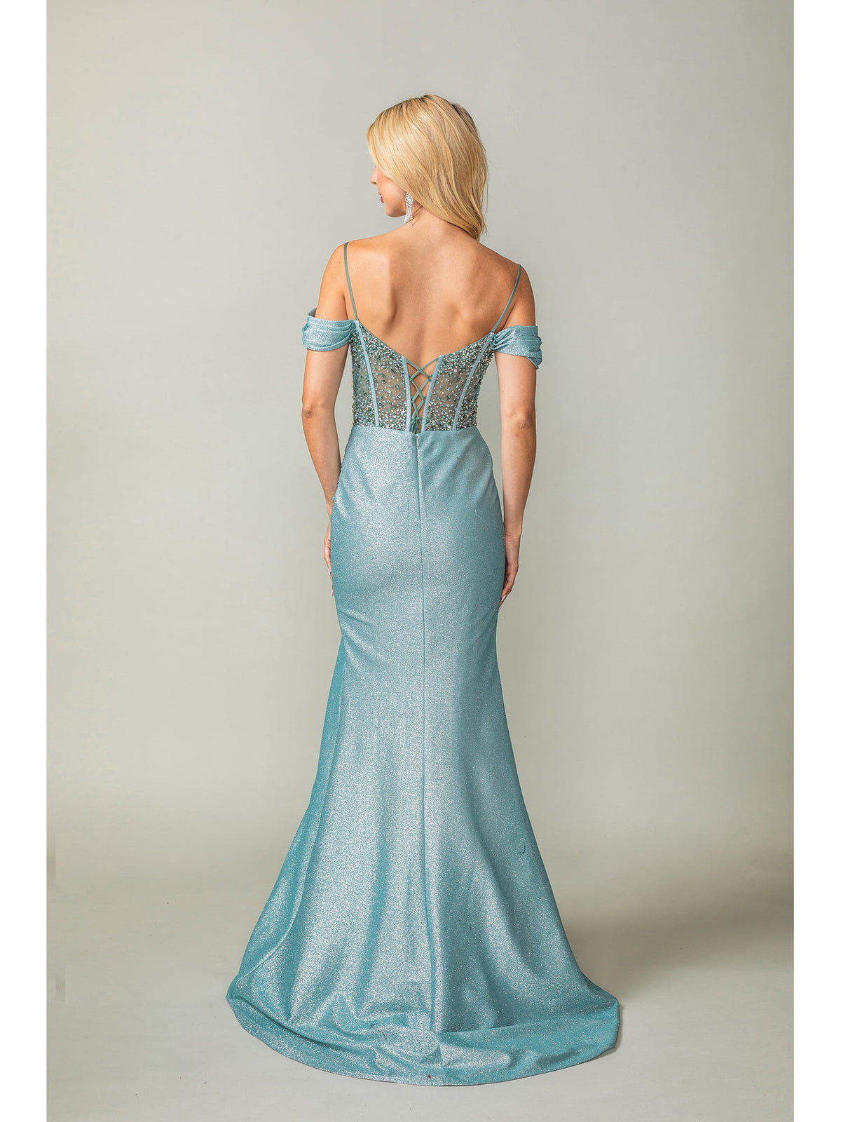 Dancing Queen 4367 prom dress in sage, back view