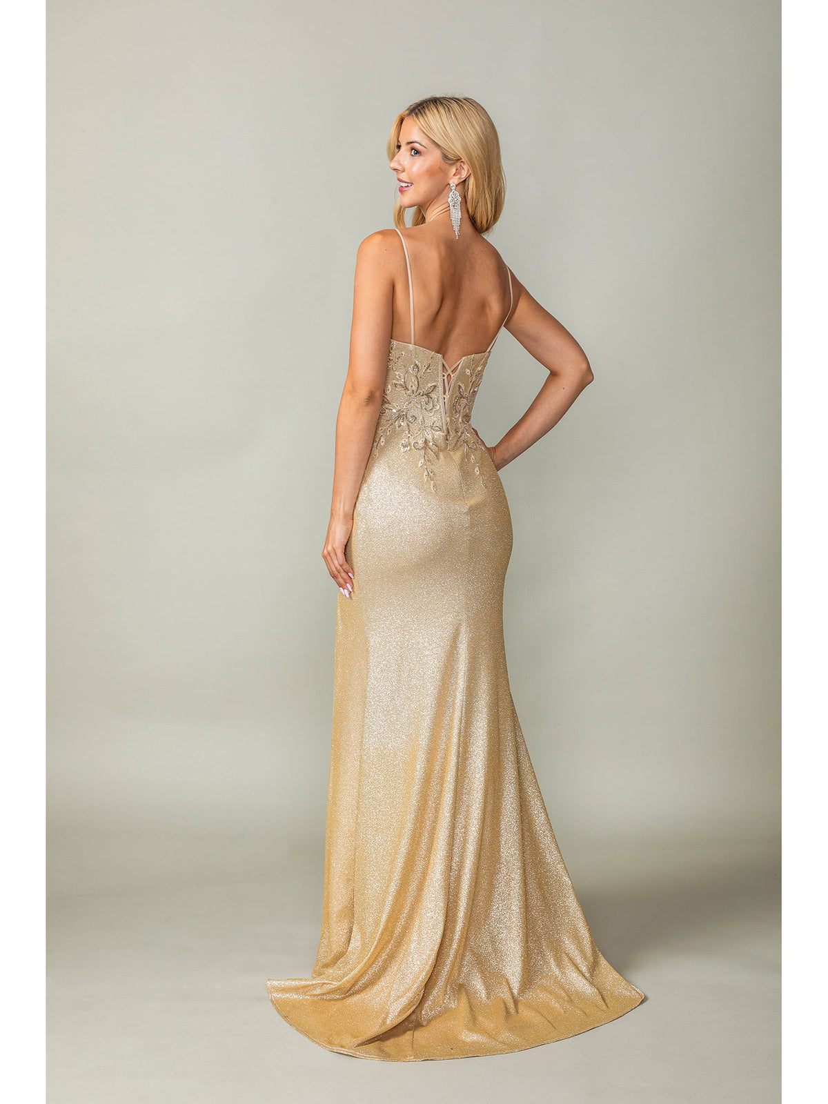 Dancing Queen 4375 prom dress in gold, back view