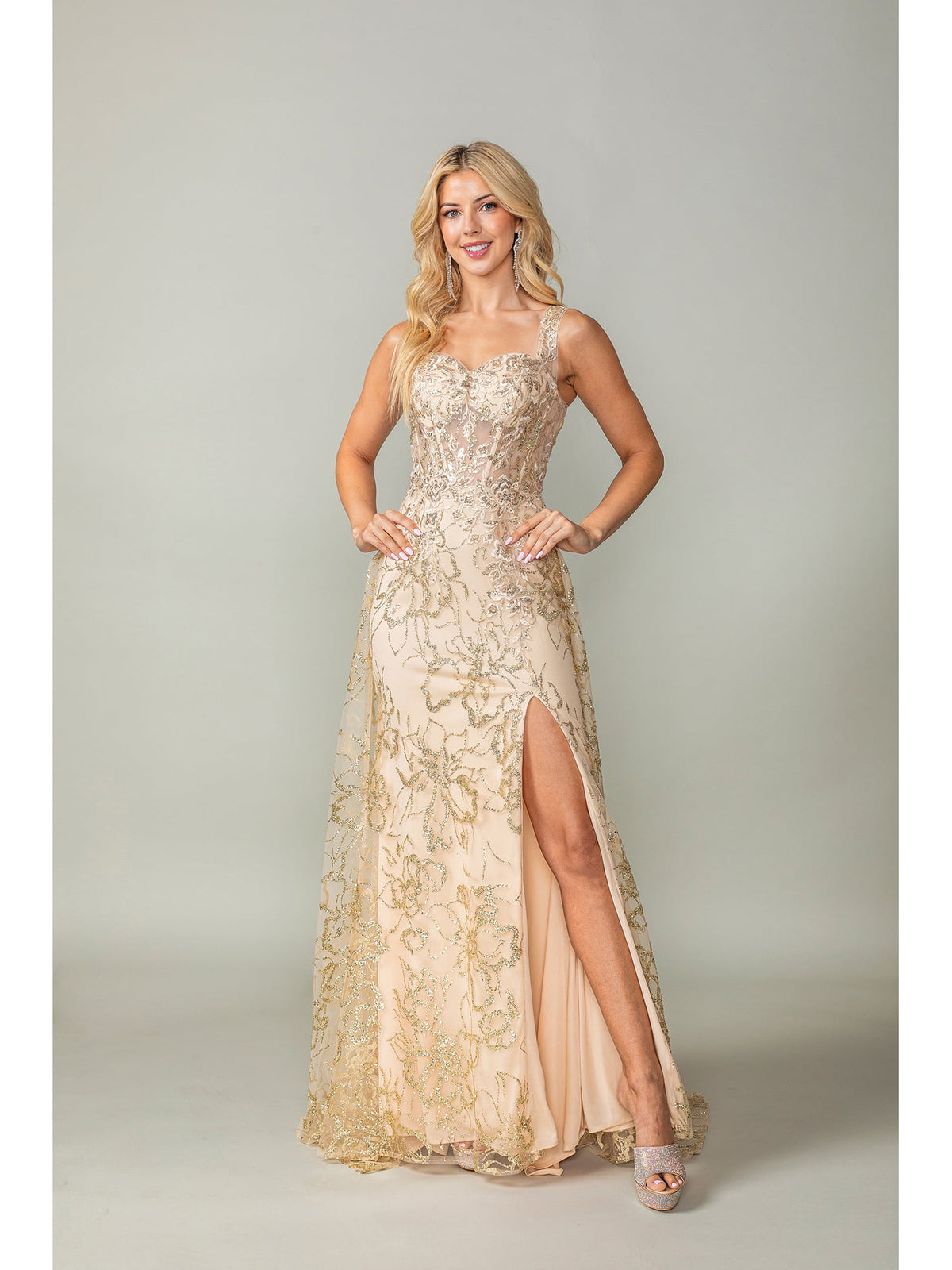 Dancing Queen 4379 prom dress in gold, front view
