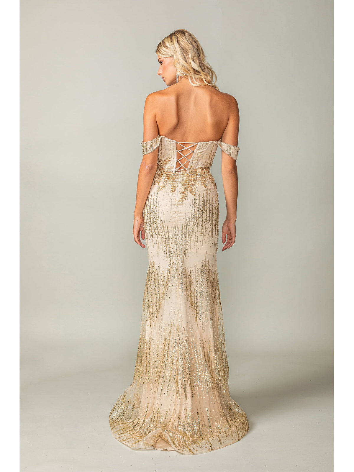Dancing Queen 4395 prom dress in gold, back view
