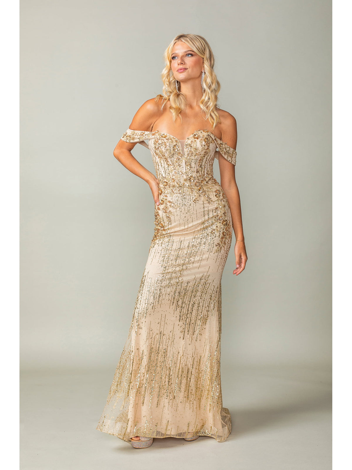 Dancing Queen 4395 prom dress in gold, front view