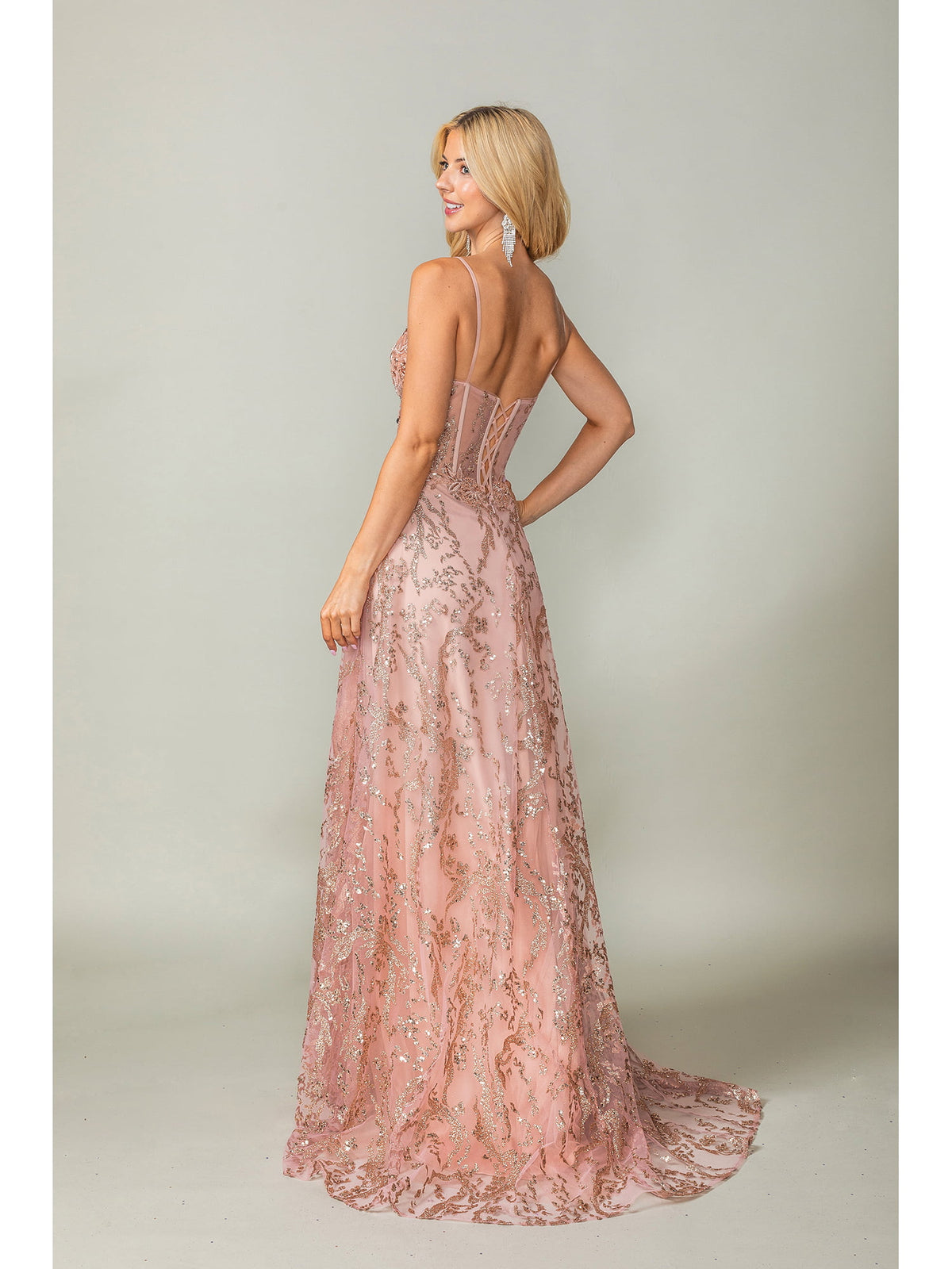Dancing Queen 4402 prom dress in rose gold, back view
