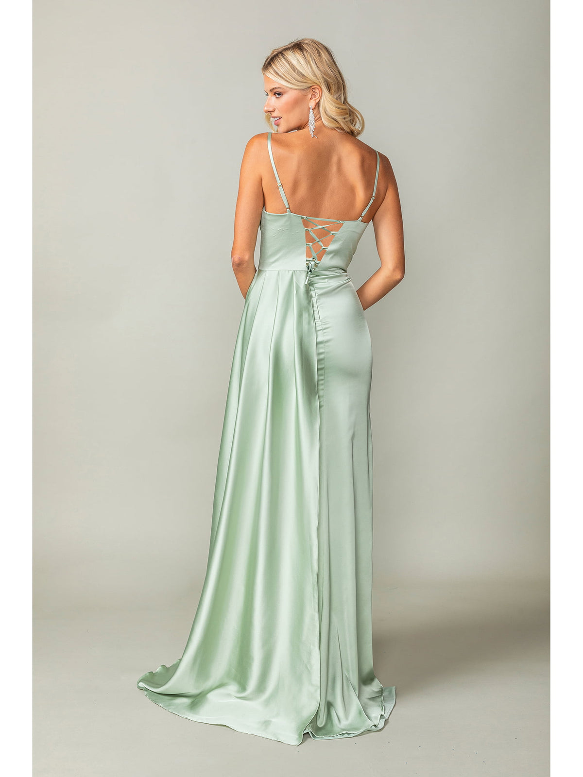 Dancing Queen 4412 prom dress in sage, back view