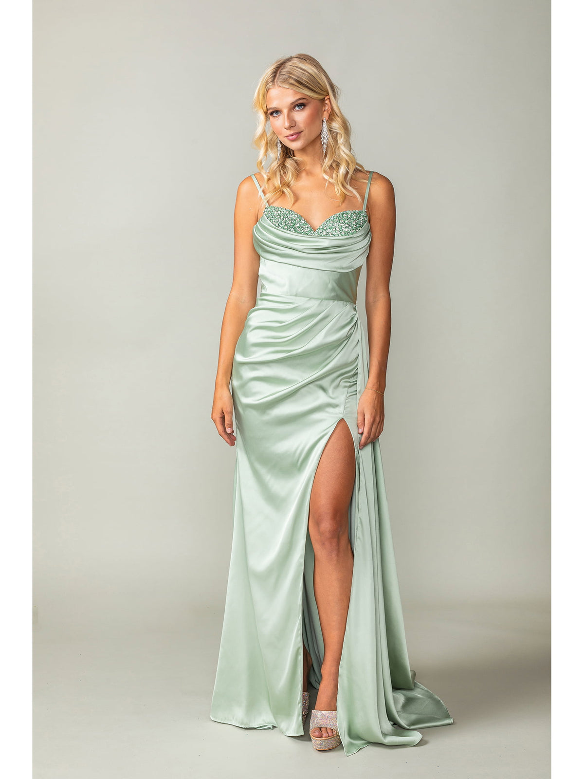 Dancing Queen 4412 prom dress in sage, front view