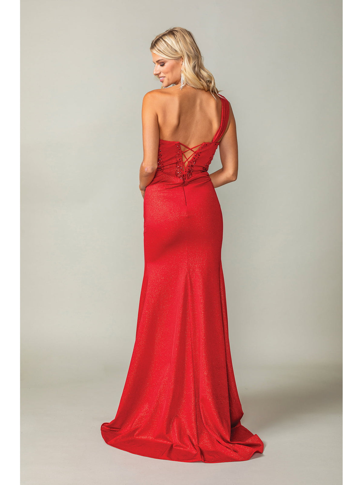 Dancing Queen 4415 prom dress in red, back view