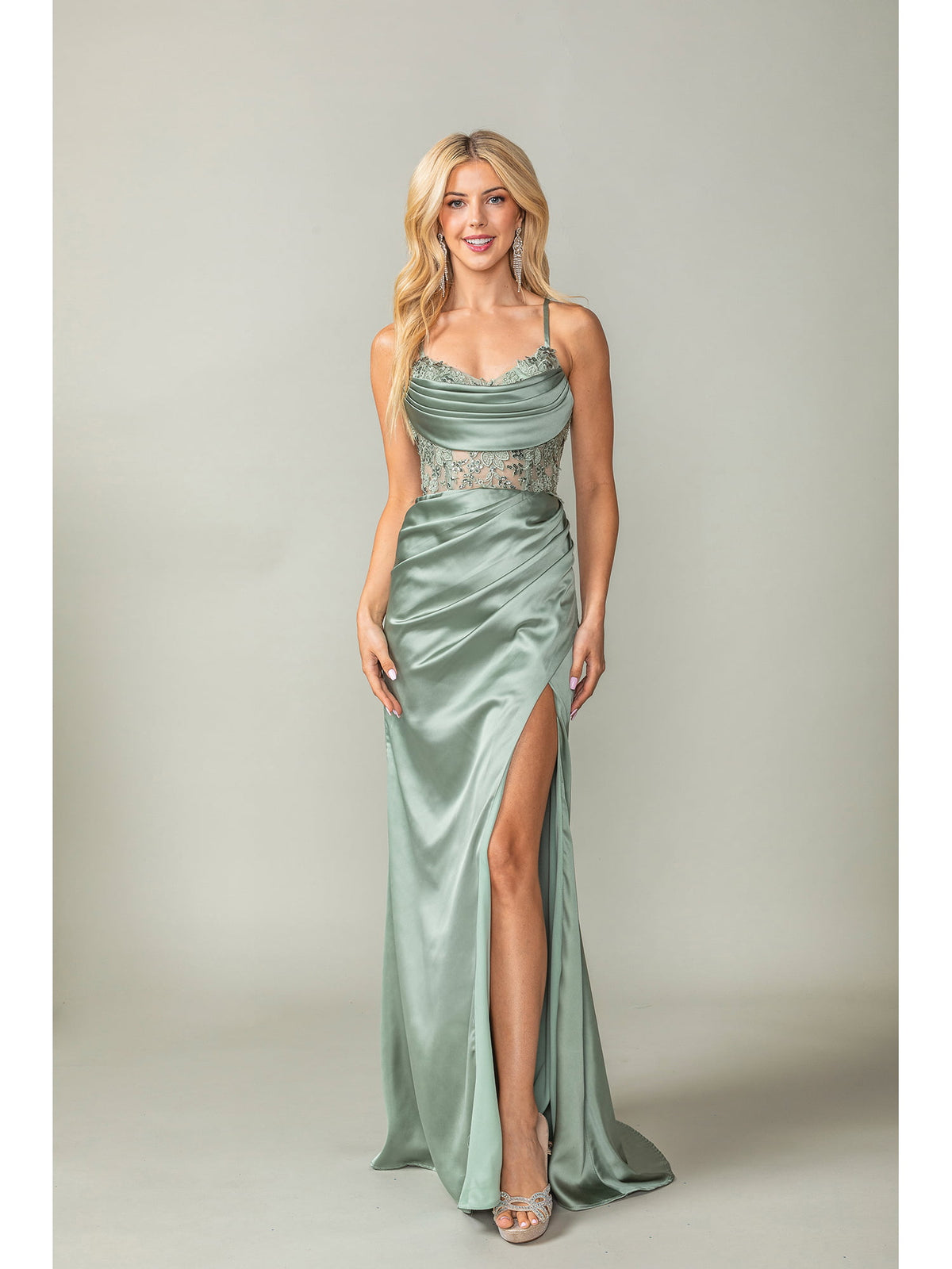 Dancing Queen 4416 prom dress in sage, front view