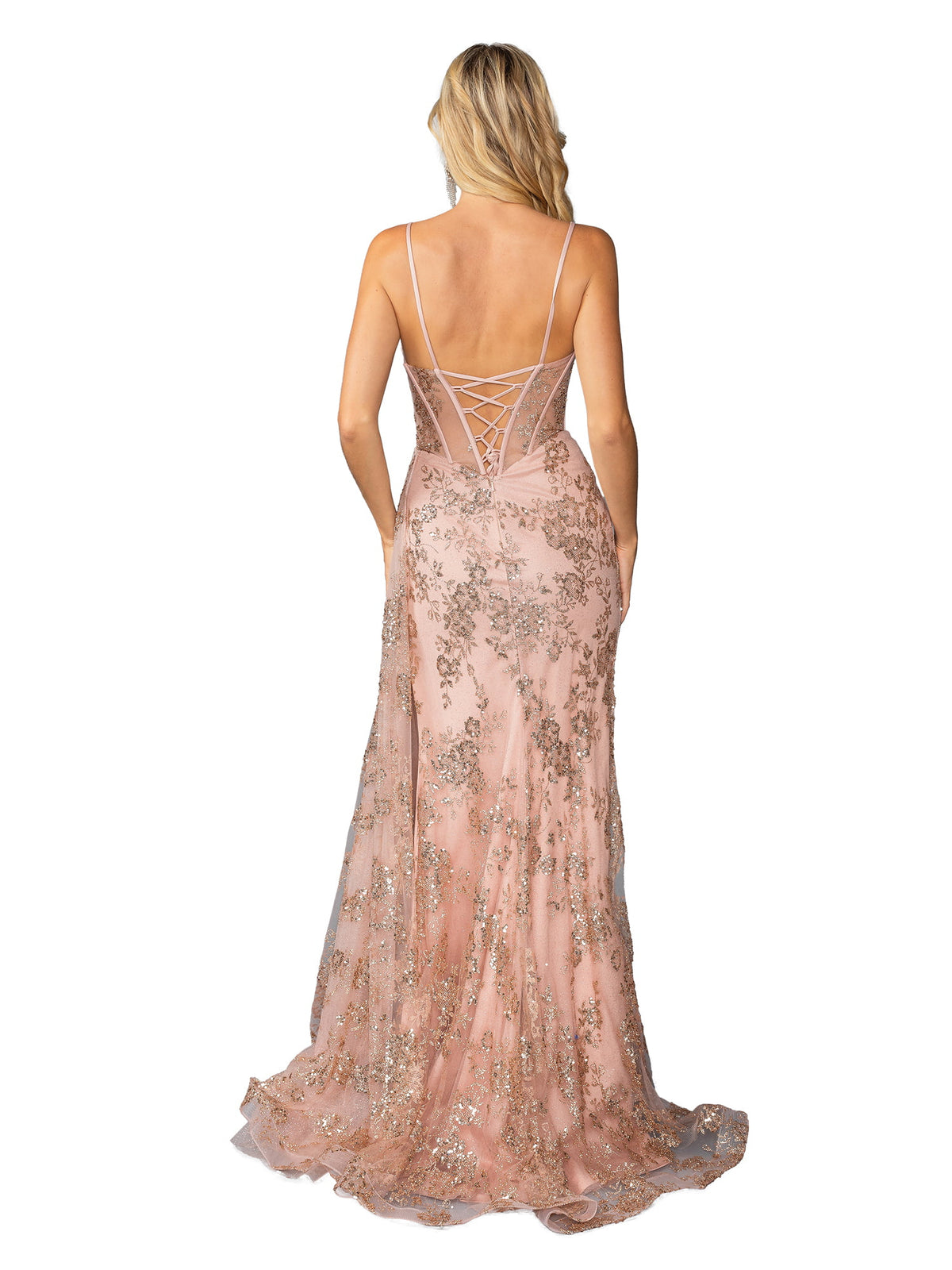 Dancing Queen 4425 prom dress in rose gold, back view