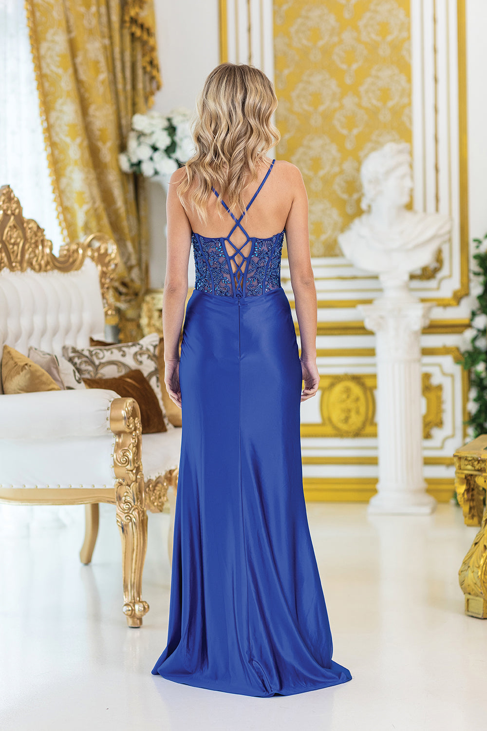 Dancing Queen 4439 prom dress in royal blue, back view