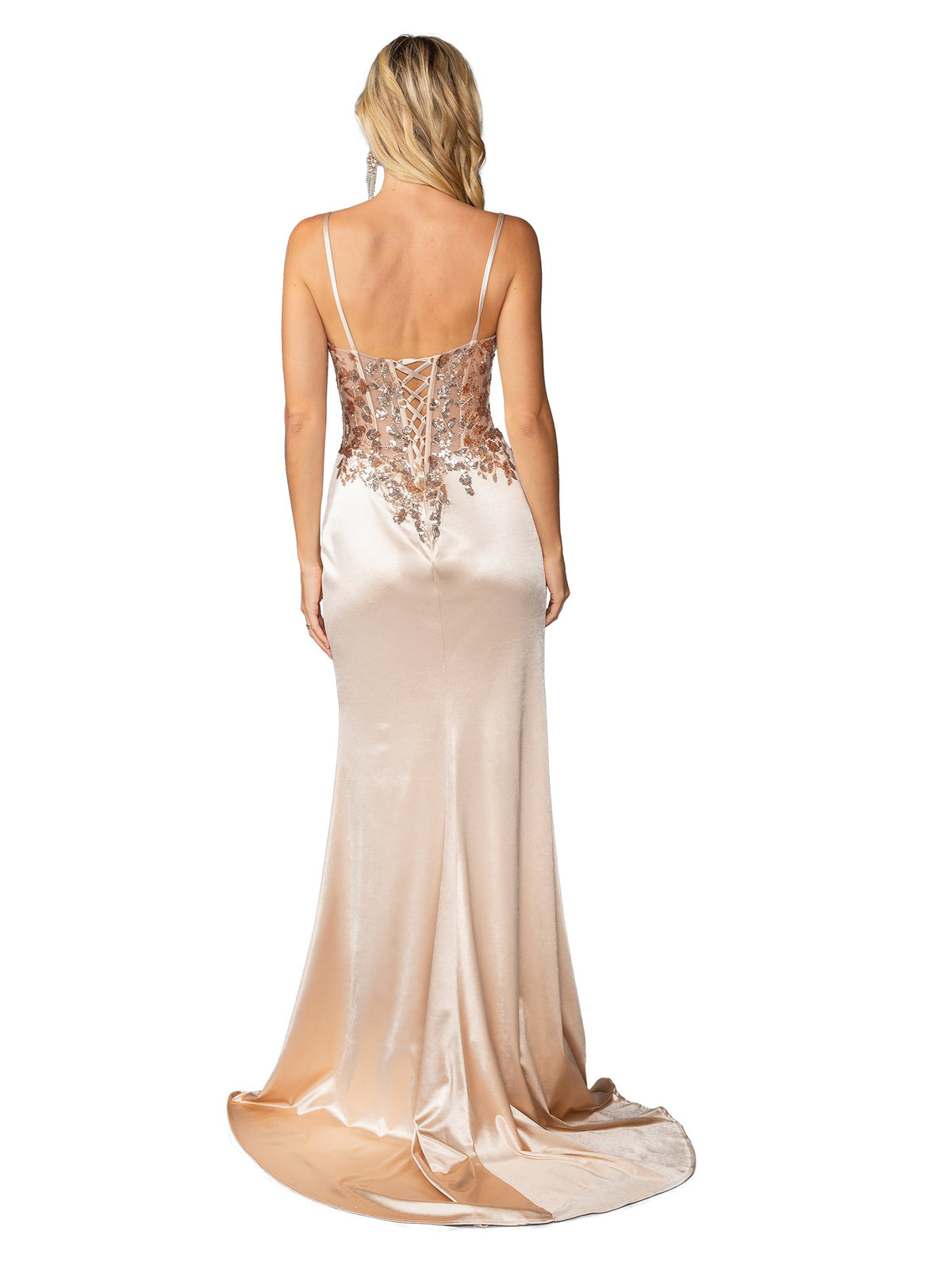 Dancing Queen 4443 prom dress in champagne, back view