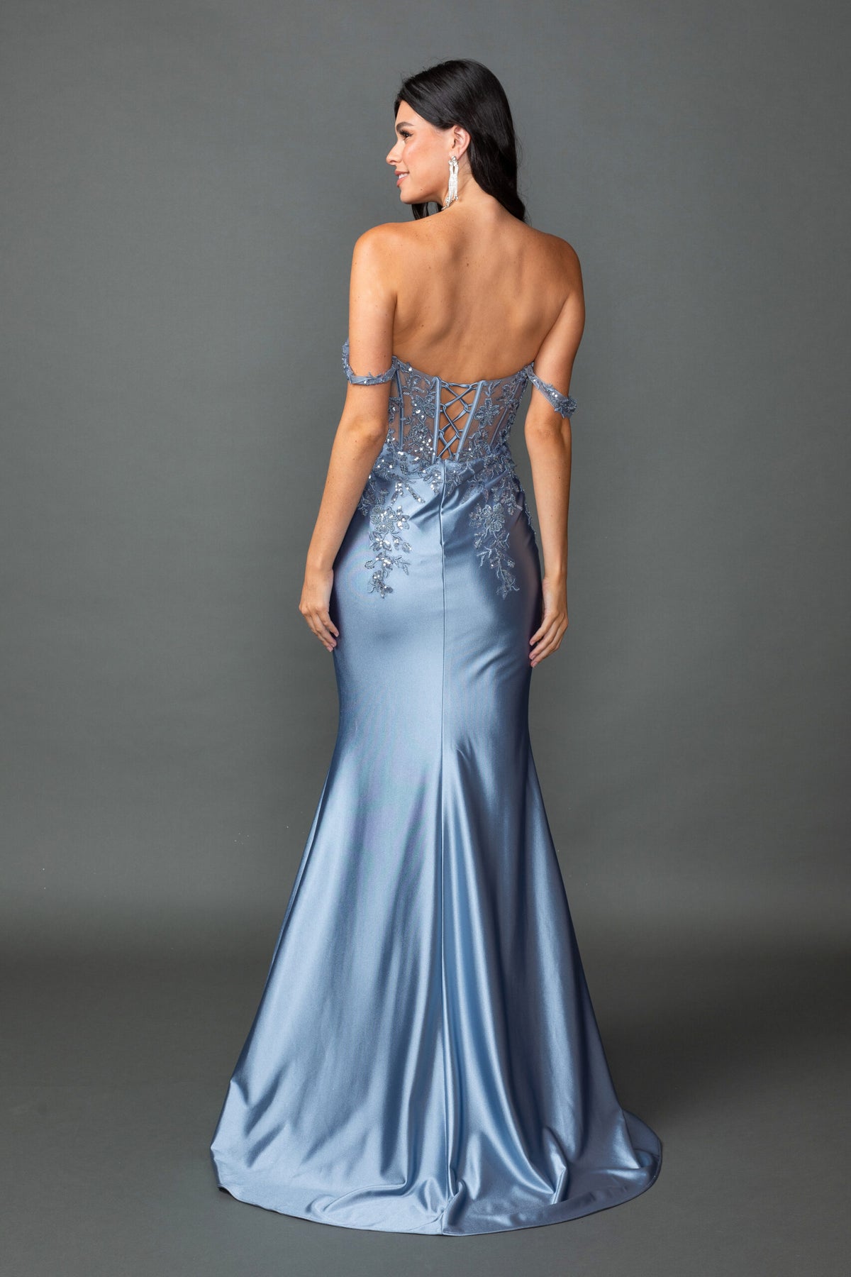 Dancing Queen 4540 prom dress in dusty blue, back view