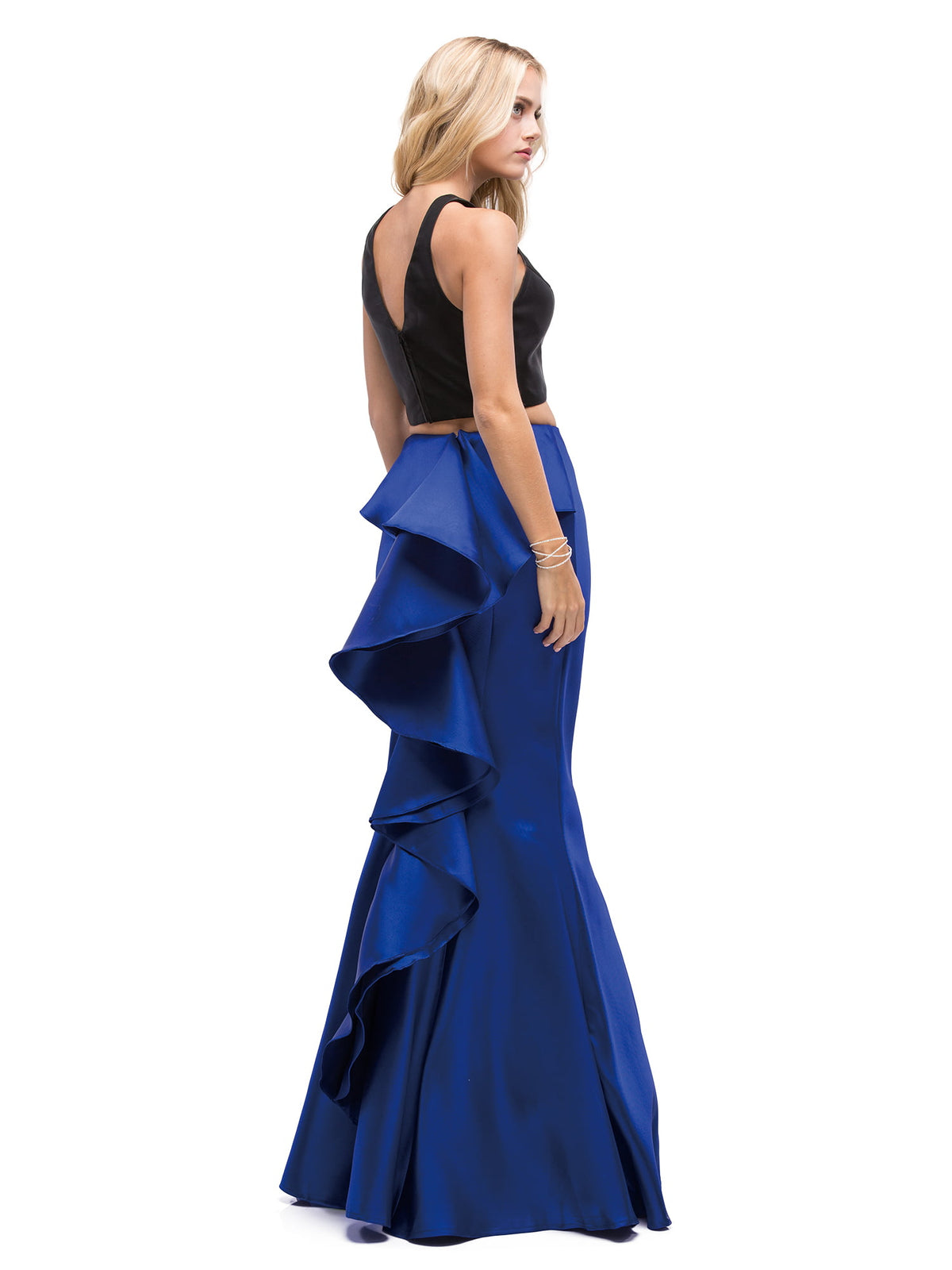 Dancing Queen 9767 prom dress in black/royal blue, back view
