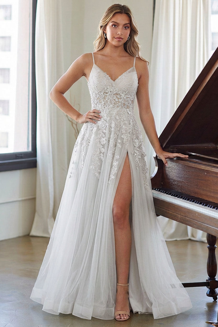 TM1006 floral embroidered tulle slit gown, white, front view