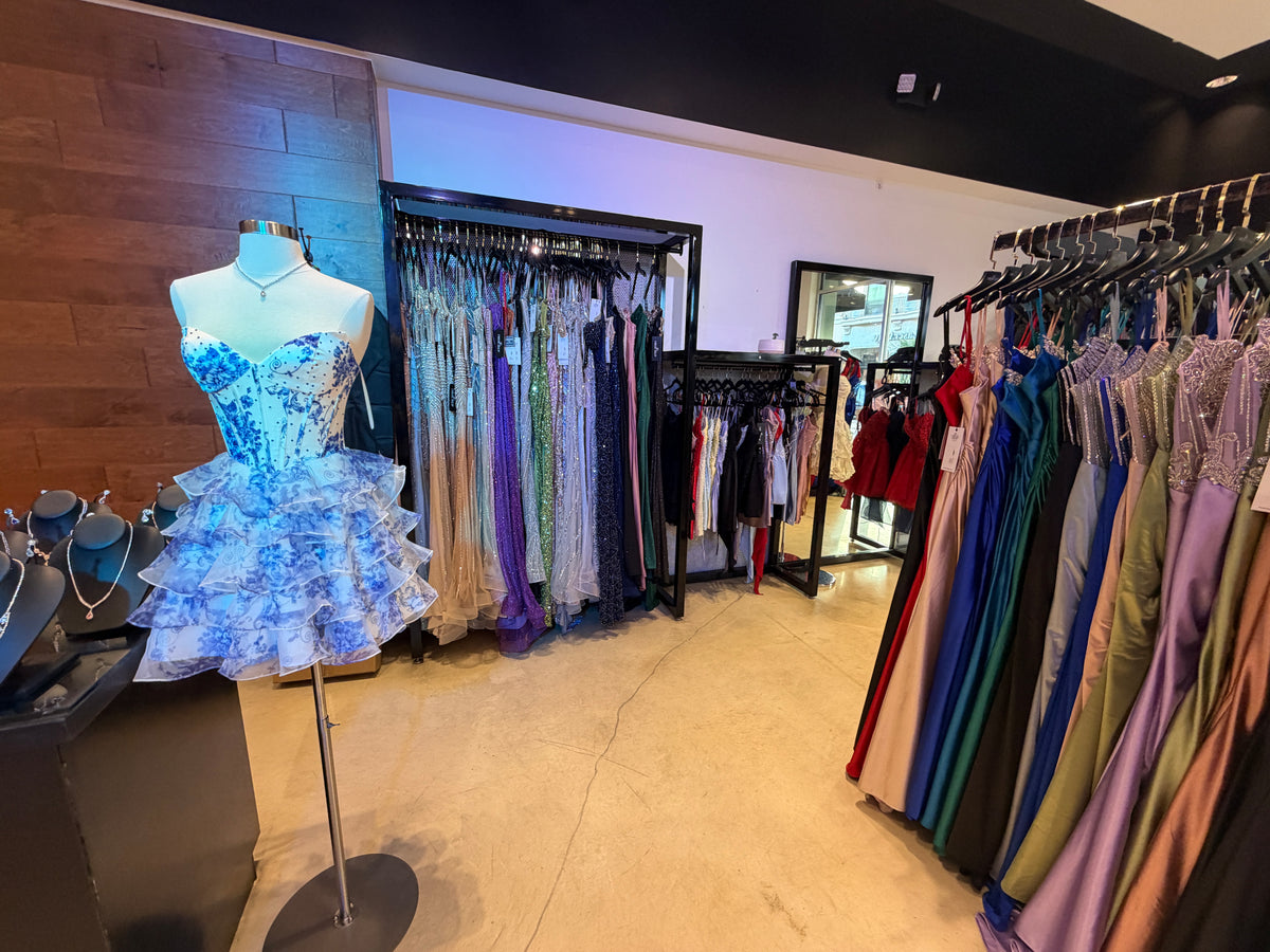 Prom and formal dresses on display inside The Dress Shop at Town Square Las Vegas