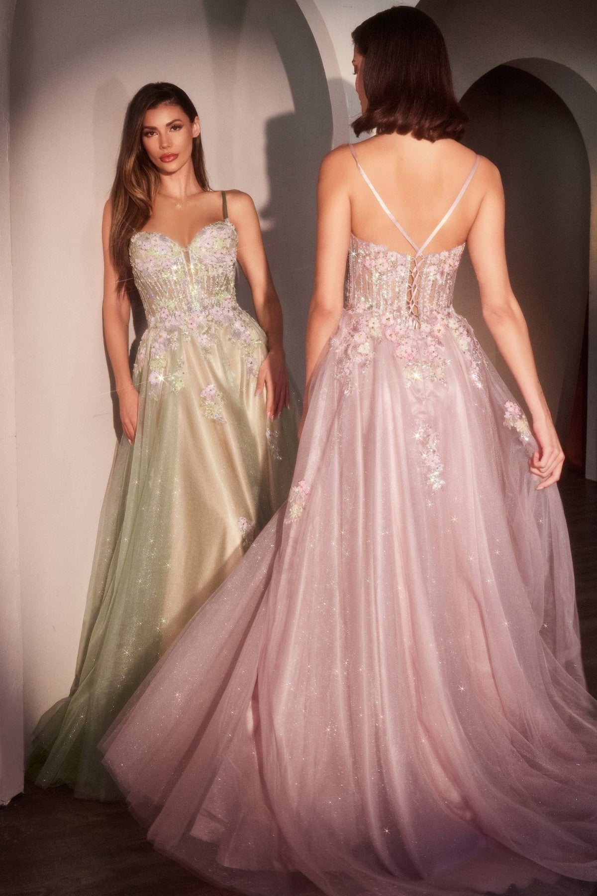 A-line glitter tulle dress in Mauve and Sage — group photo