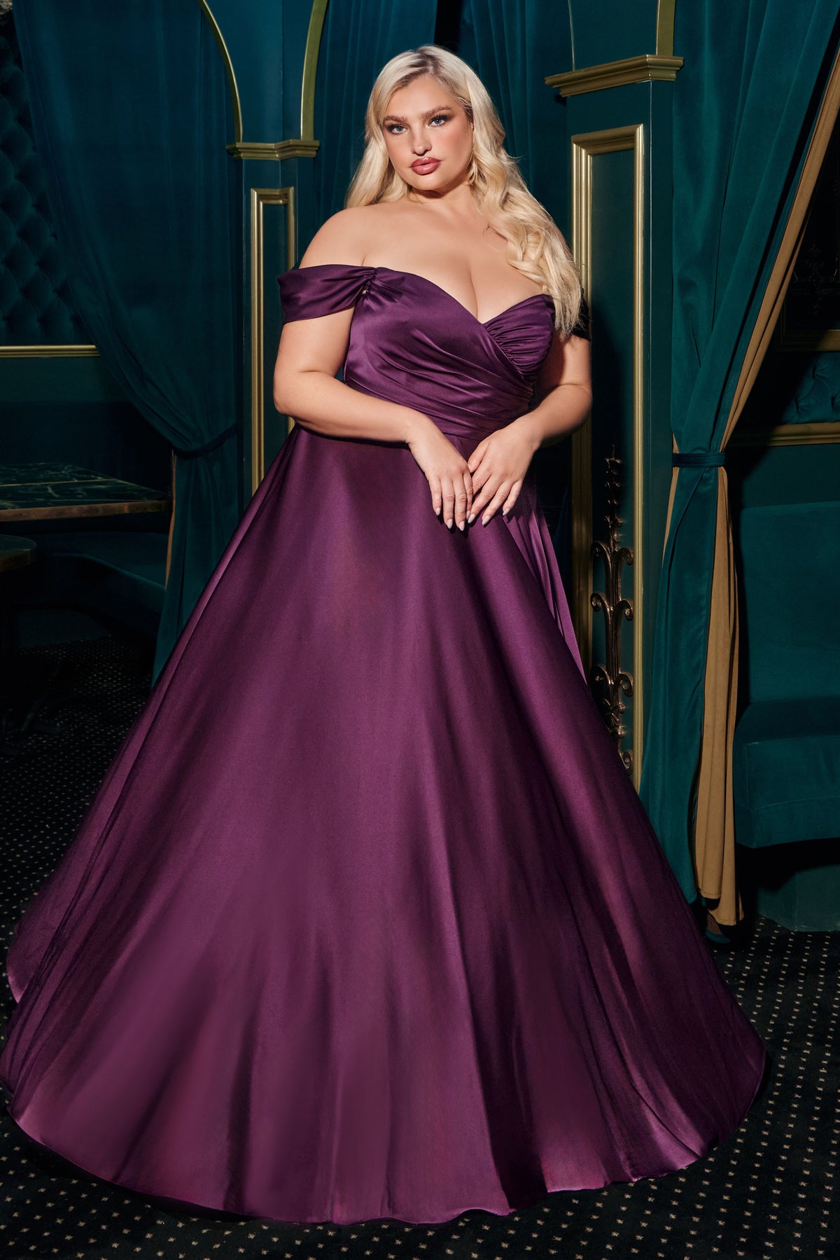 Natalie dress — Eggplant full front view with the A-line skirt spread outward.