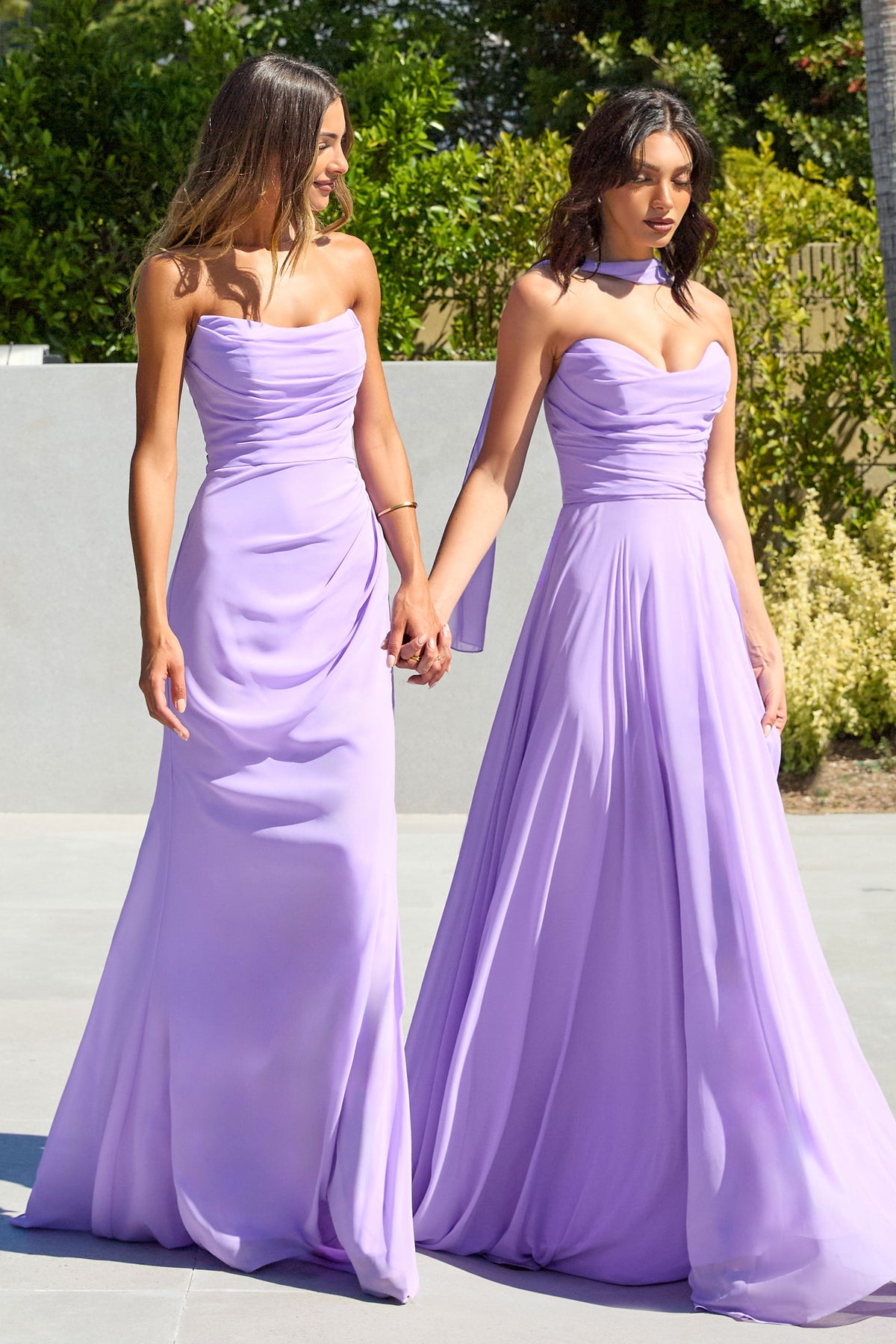 Group portrait of formal dresses with different necklines and skirt silhouettes.