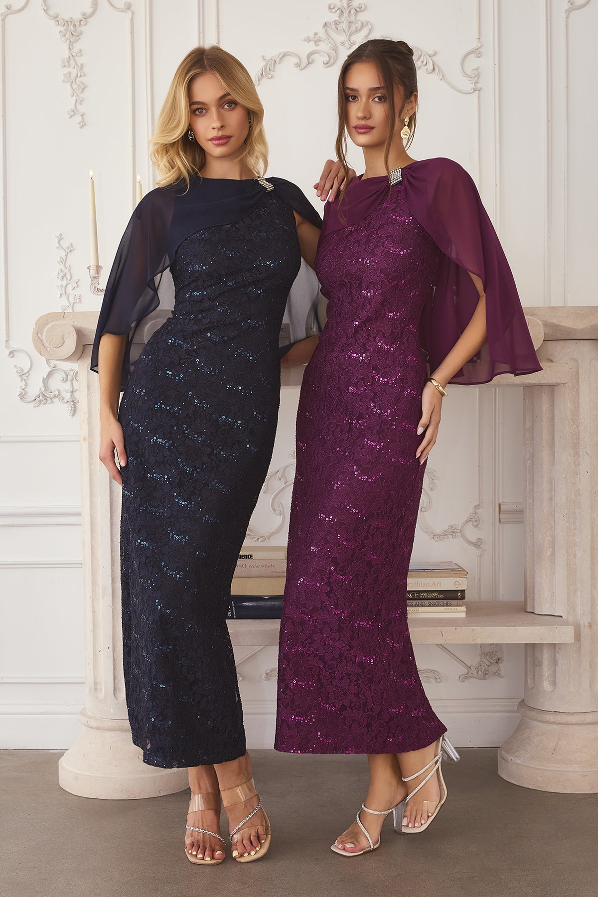 Group portrait of formal dresses with different necklines and skirt silhouettes.