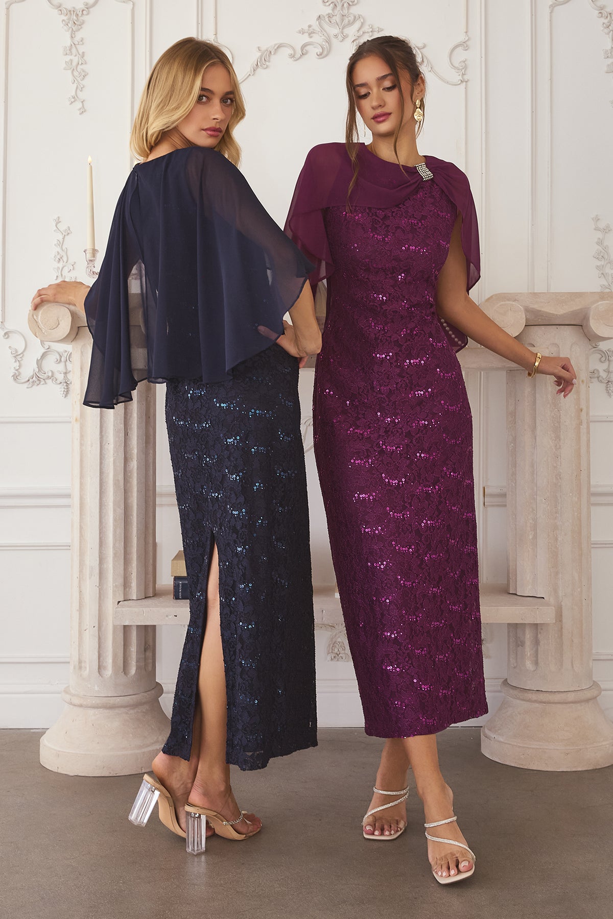 Group portrait of formal dresses with different necklines and skirt silhouettes.