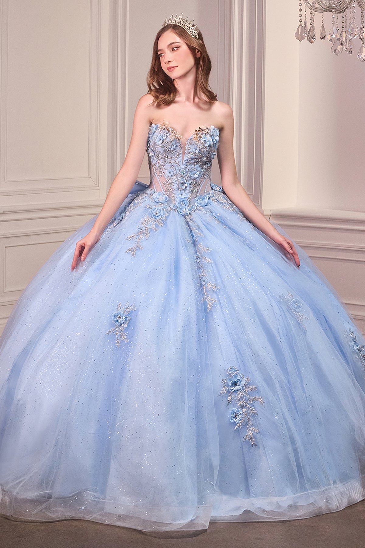 15726 dress — Light Blue front view of the floral quinceañera ball gown.