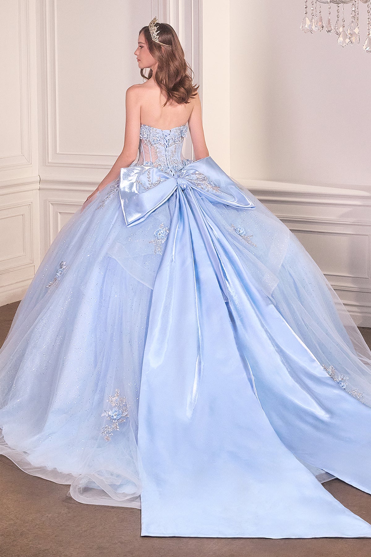 15726 dress — Light Blue back view showing the lace-up corset, oversized bow and train.