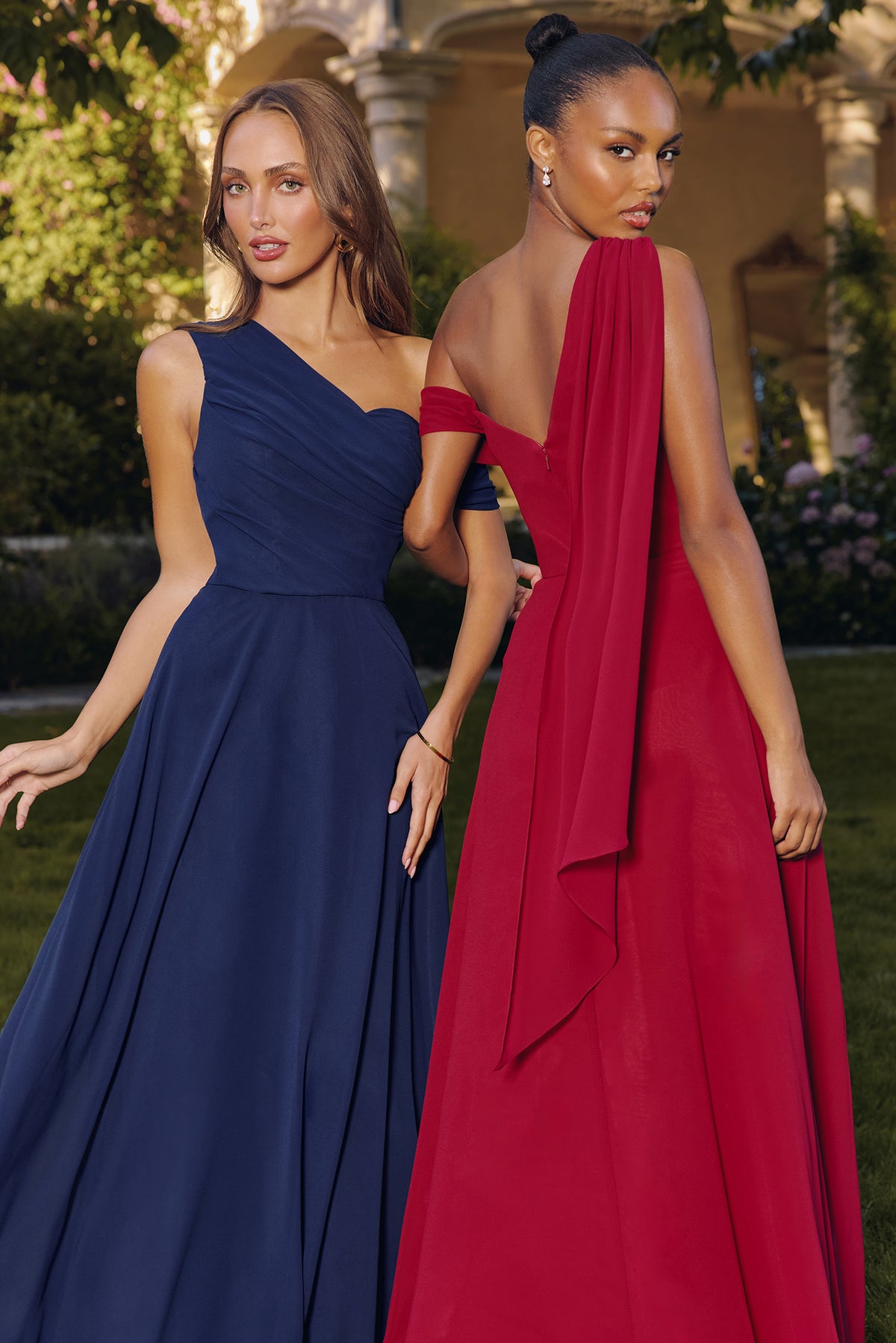 Group portrait of formal dresses with different necklines and skirt silhouettes.