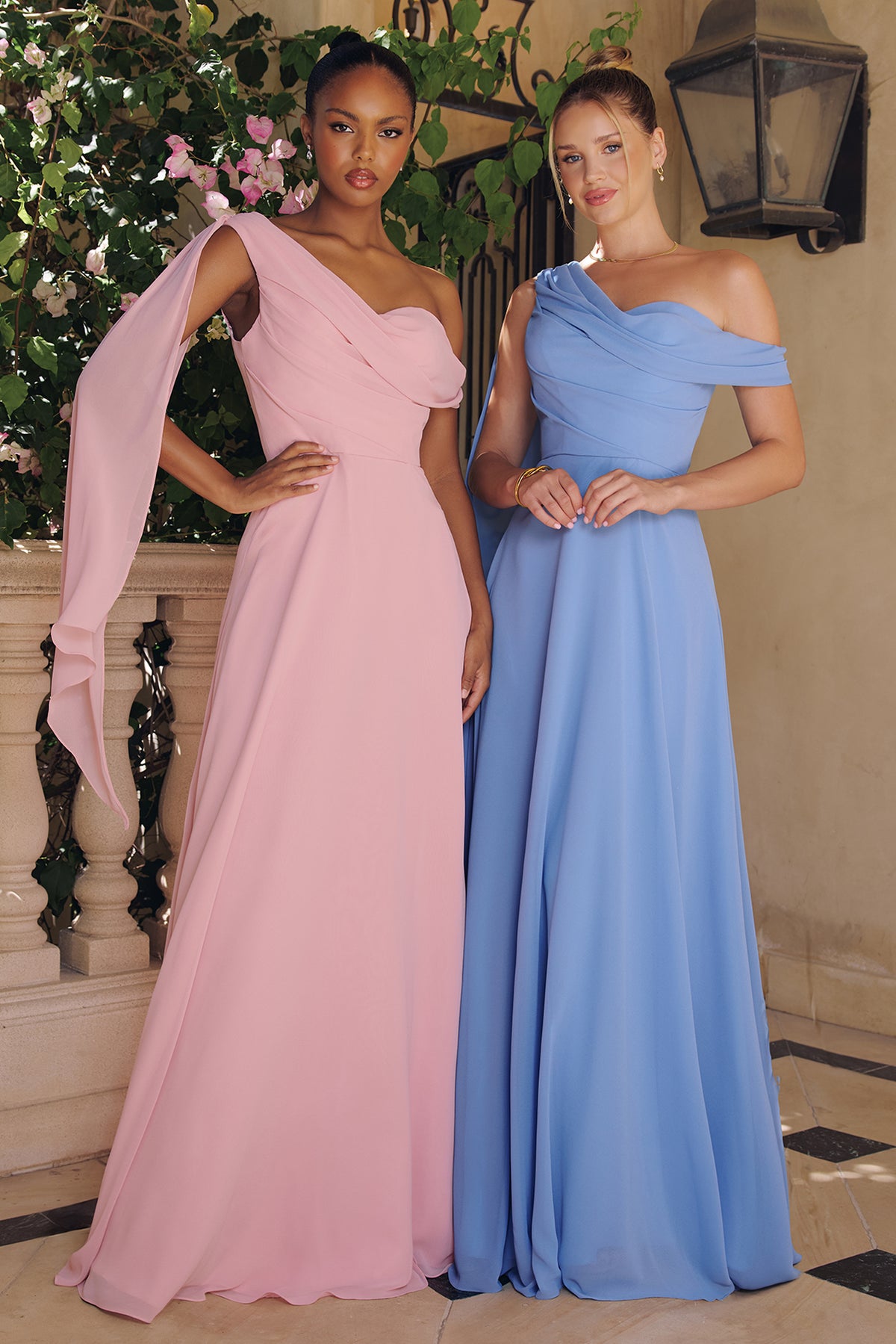 Group portrait of formal dresses with different necklines and skirt silhouettes.