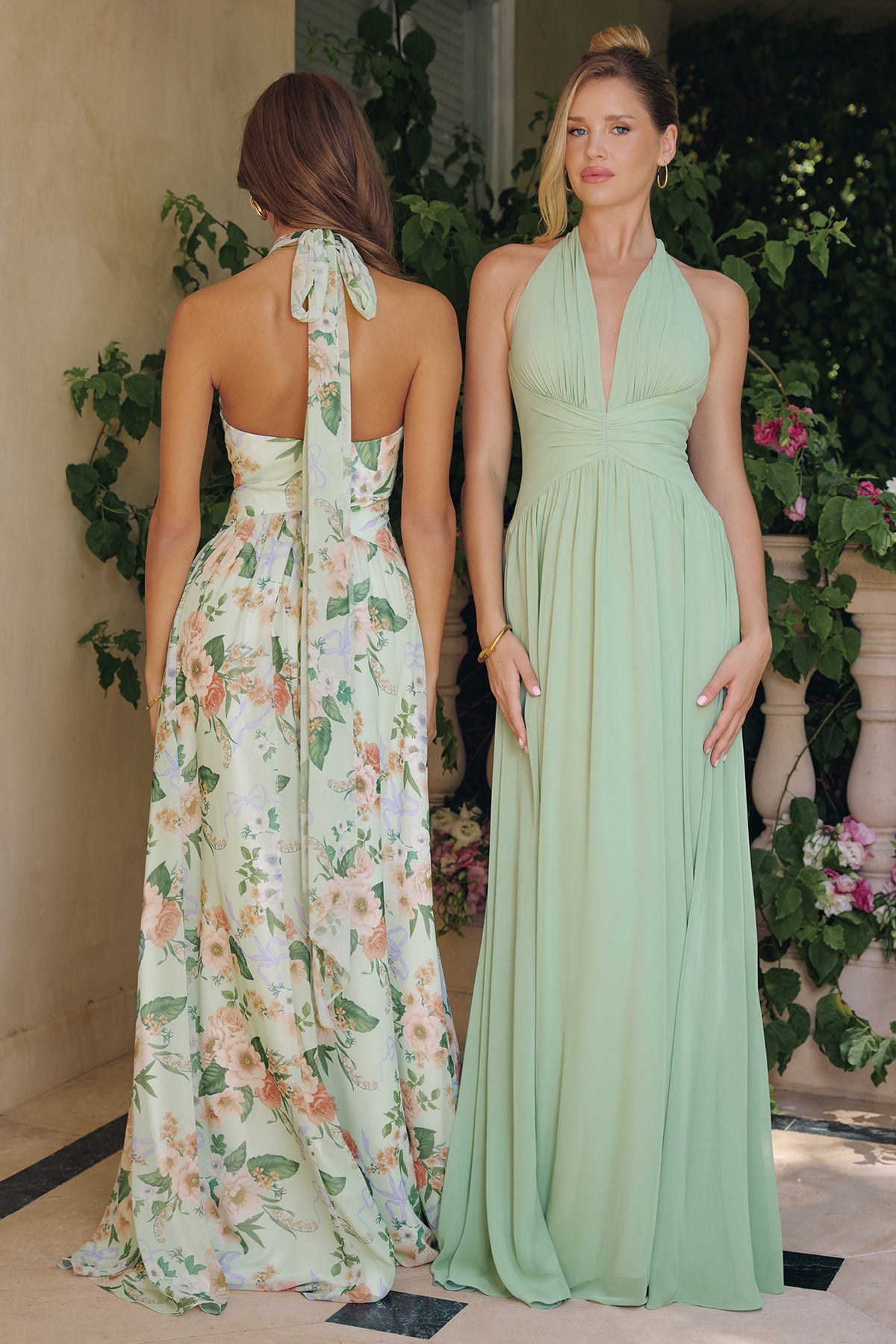 Group portrait of formal dresses with different necklines and skirt silhouettes.