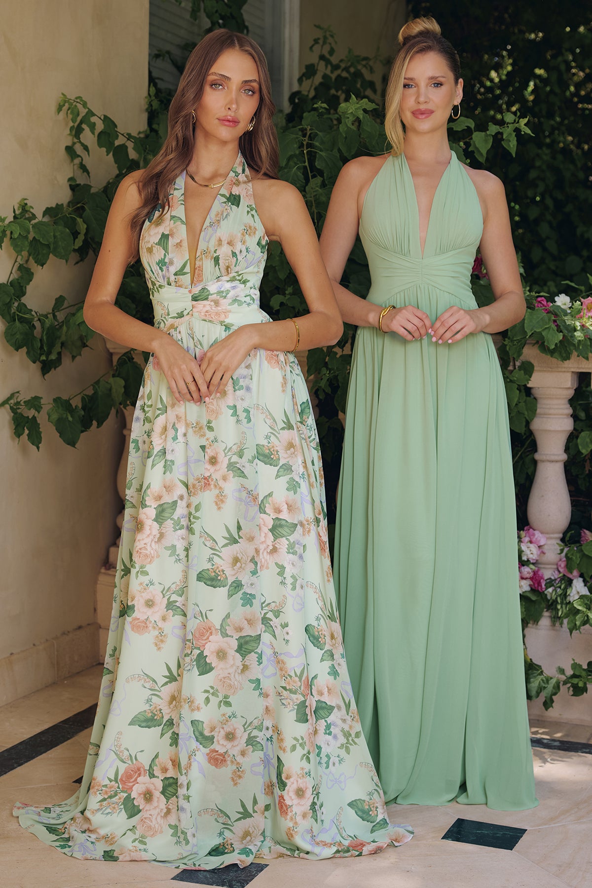 Group portrait of formal dresses with different necklines and skirt silhouettes.