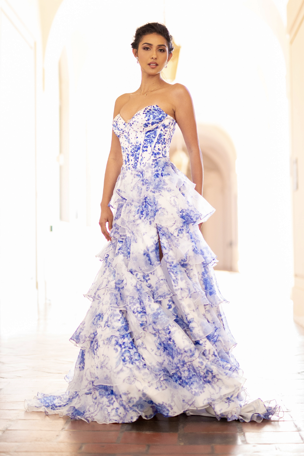 AC6020 floral tiered strapless prom gown, blue, front view