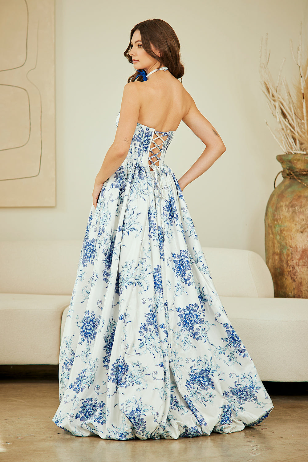 Chaumont floral strapless slit ball gown, blue, back view