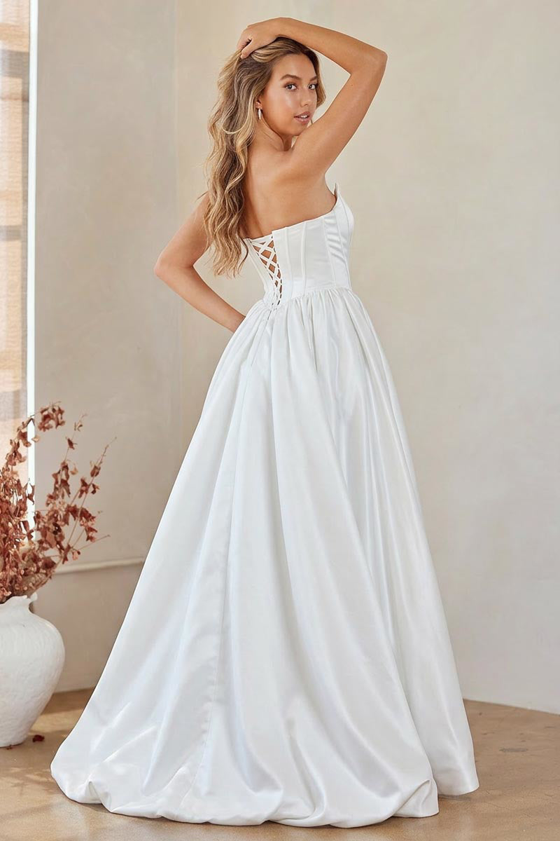 2085 strapless draped slit ball gown, white, front view