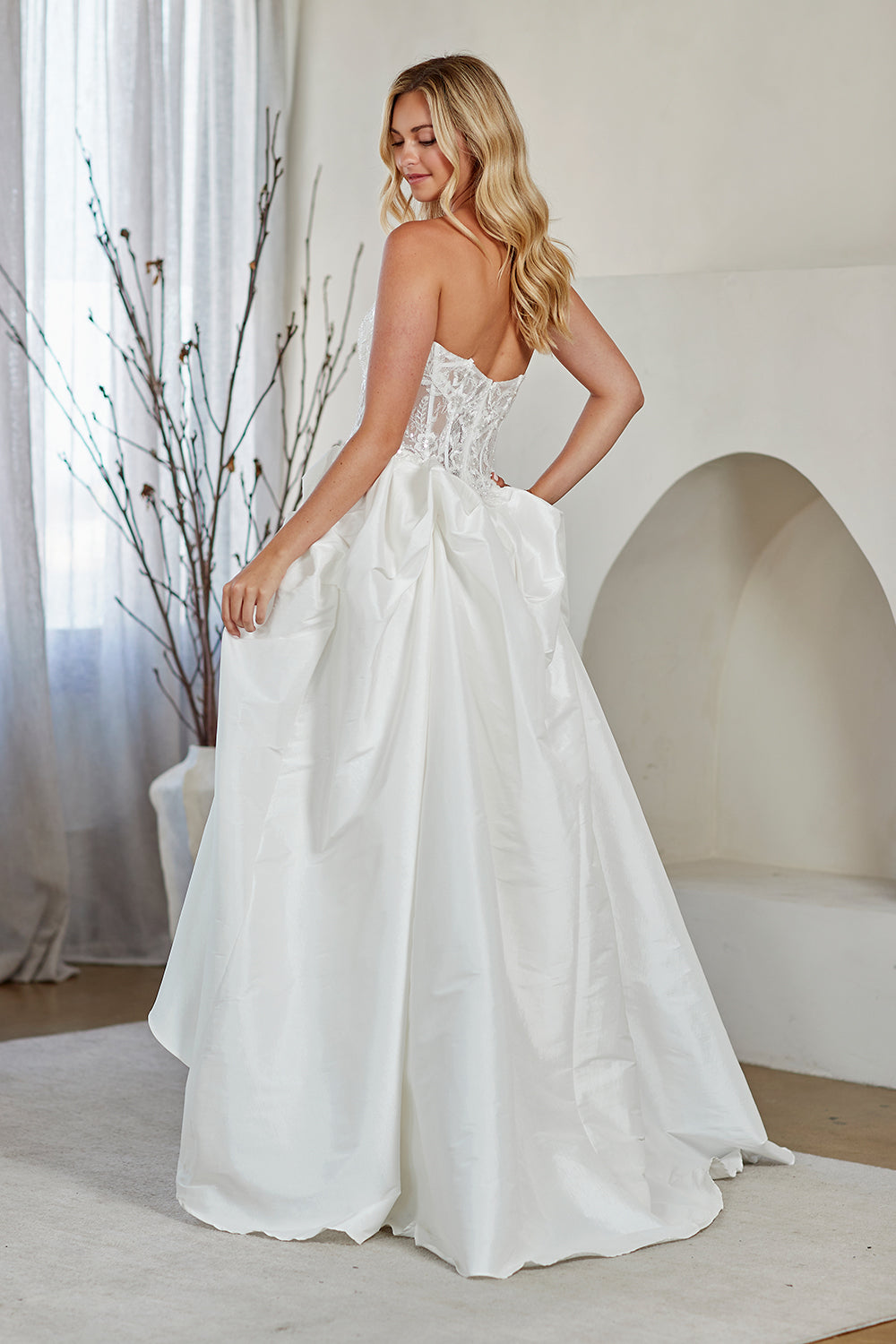 2087 strapless lace draped bridal gown, white, back view