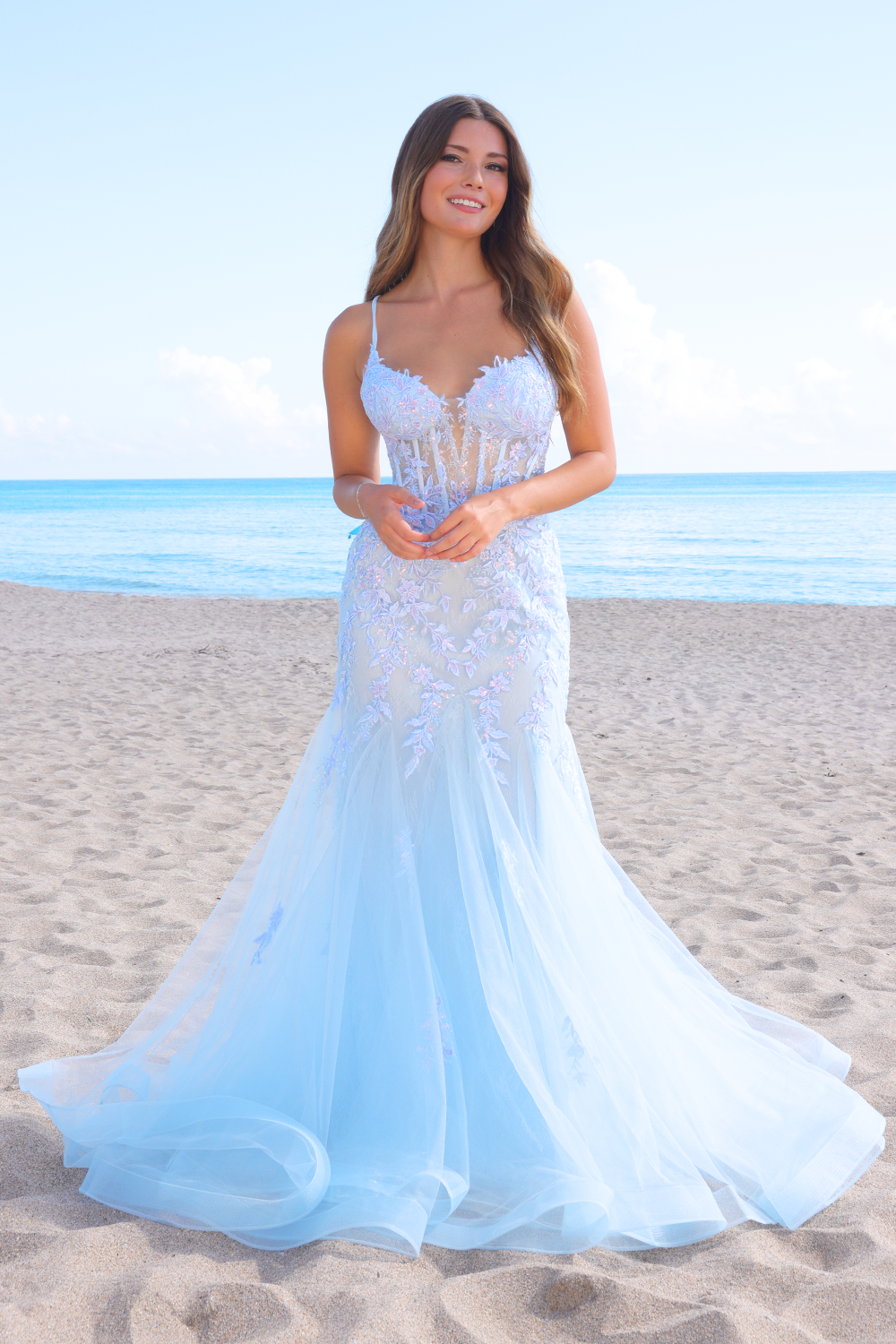 2120 lace bodice mermaid prom gown, baby blue, front view