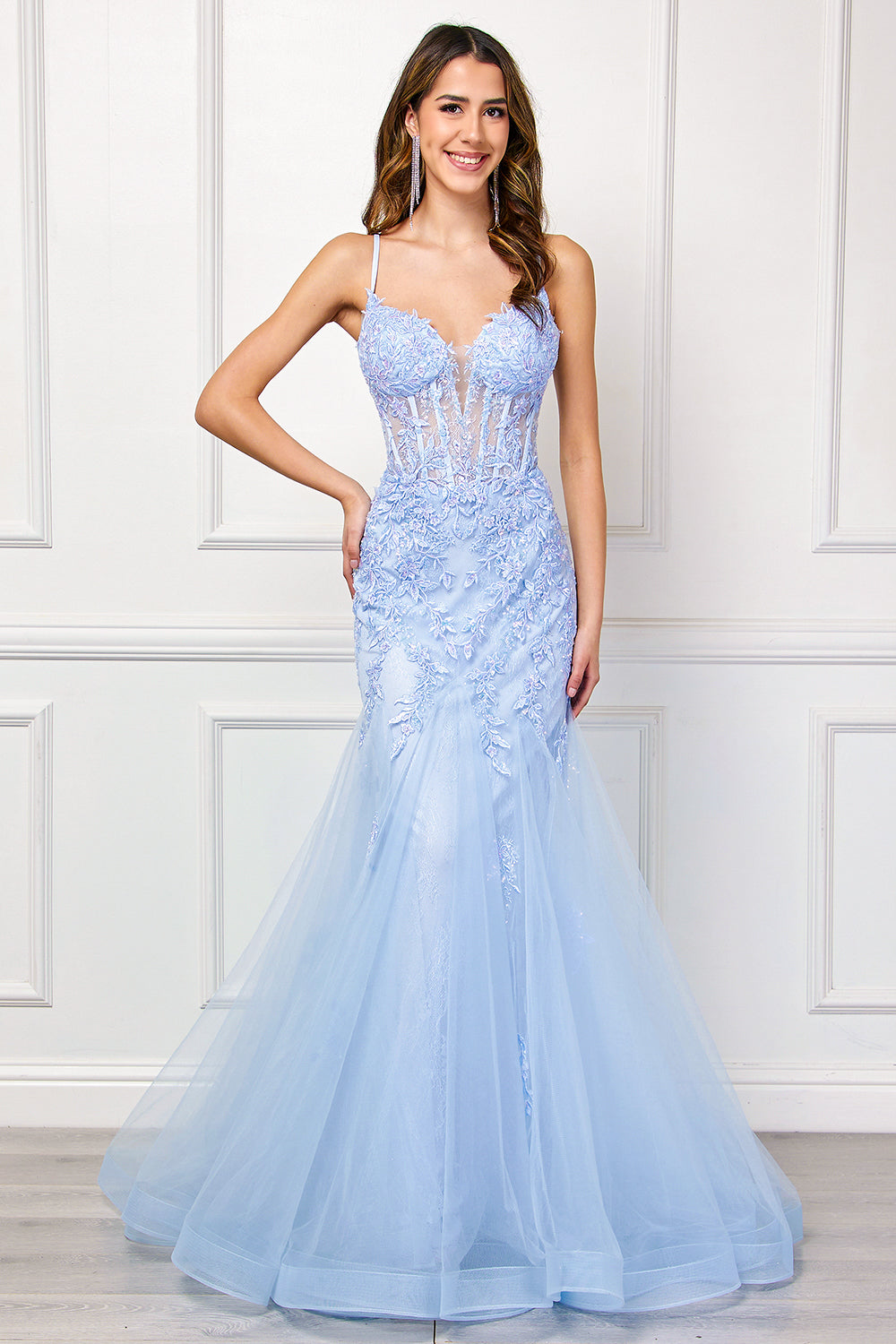 2120 lace bodice mermaid prom gown, baby blue, front view